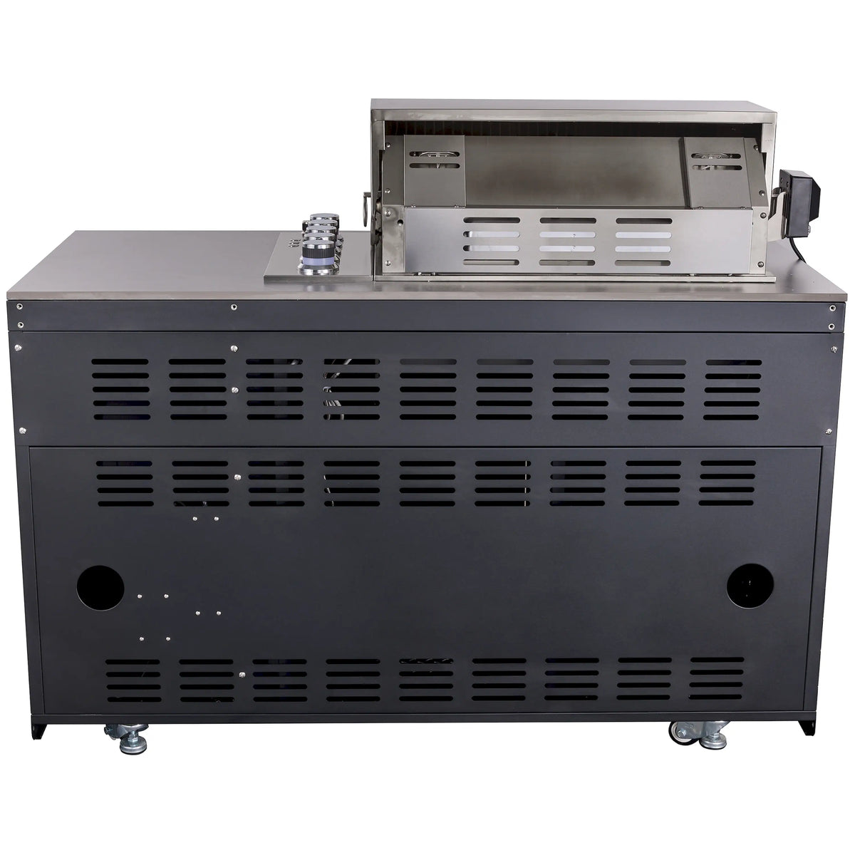 Outdoor BBQ grill front with vented stainless panel and caster wheels