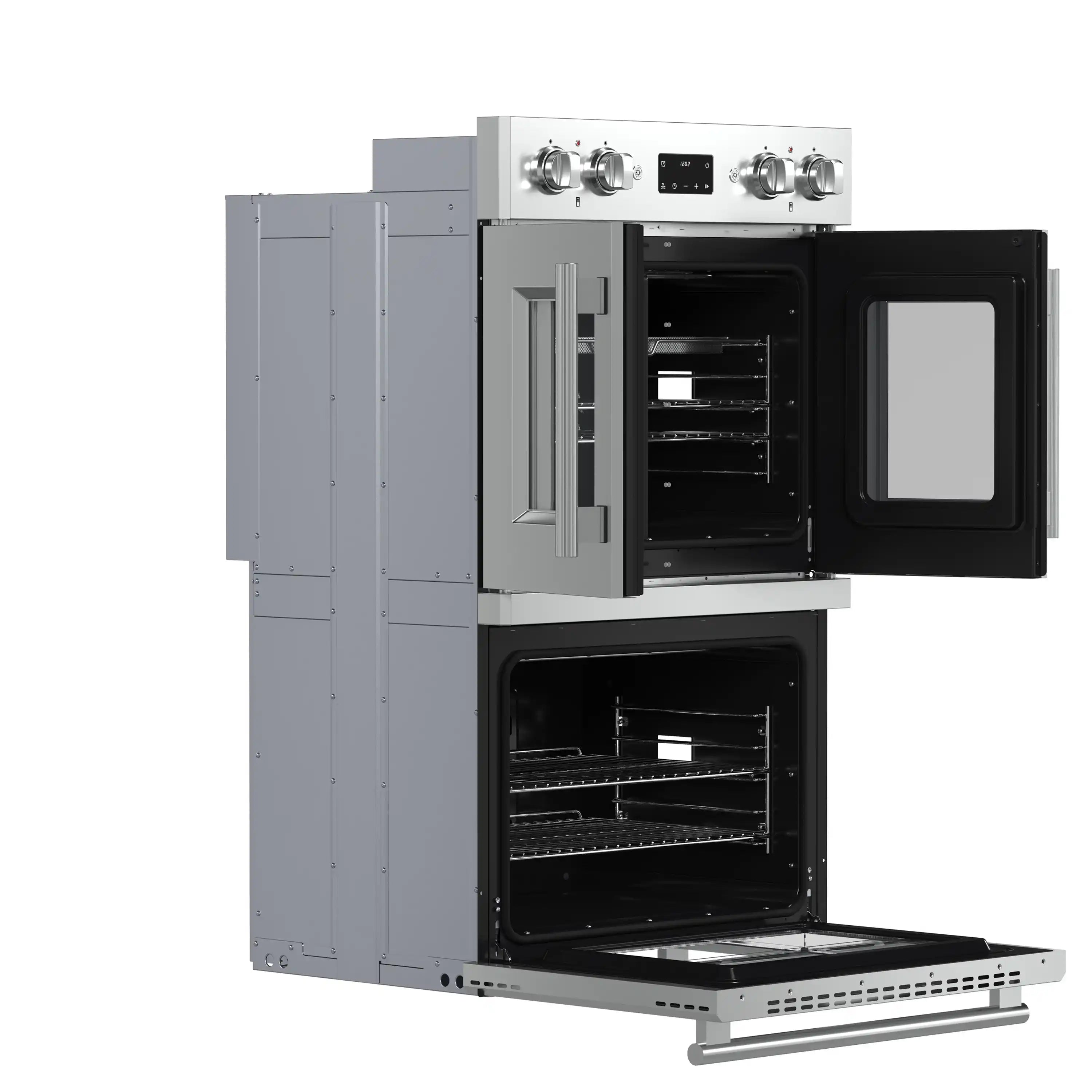 30-inch electric double oven with French doors, stainless control panel, both ovens open
