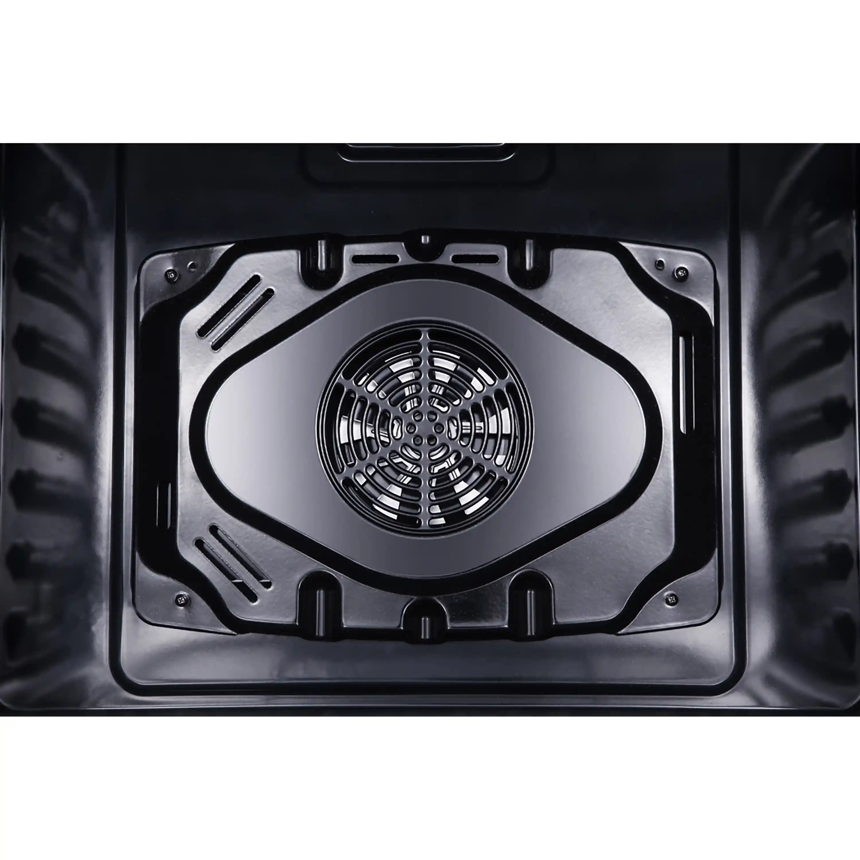 Oven interior view of fan guard and heating area at the bottom of the cavity