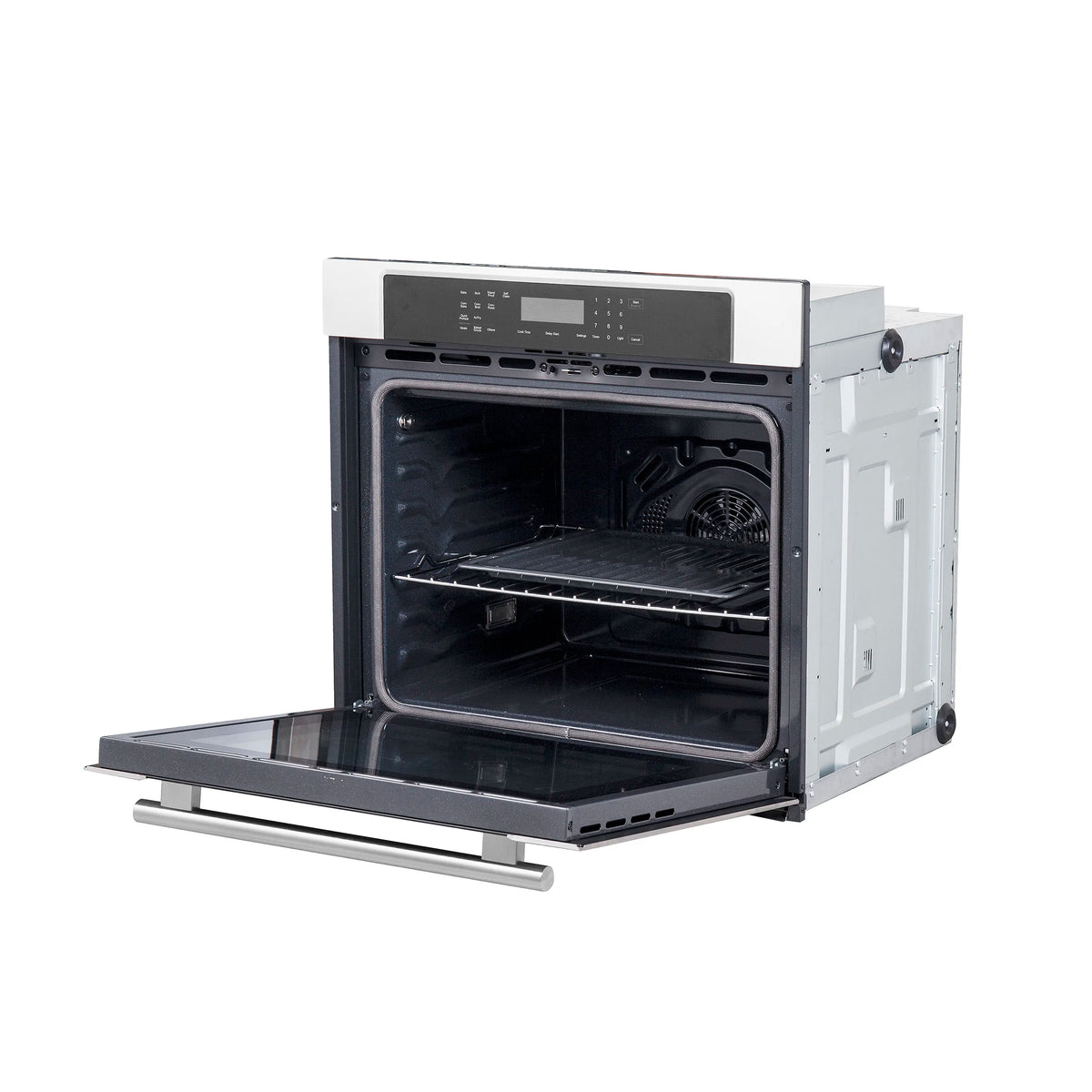 3-piece appliance package: stainless steel wall oven with open door and interior racks