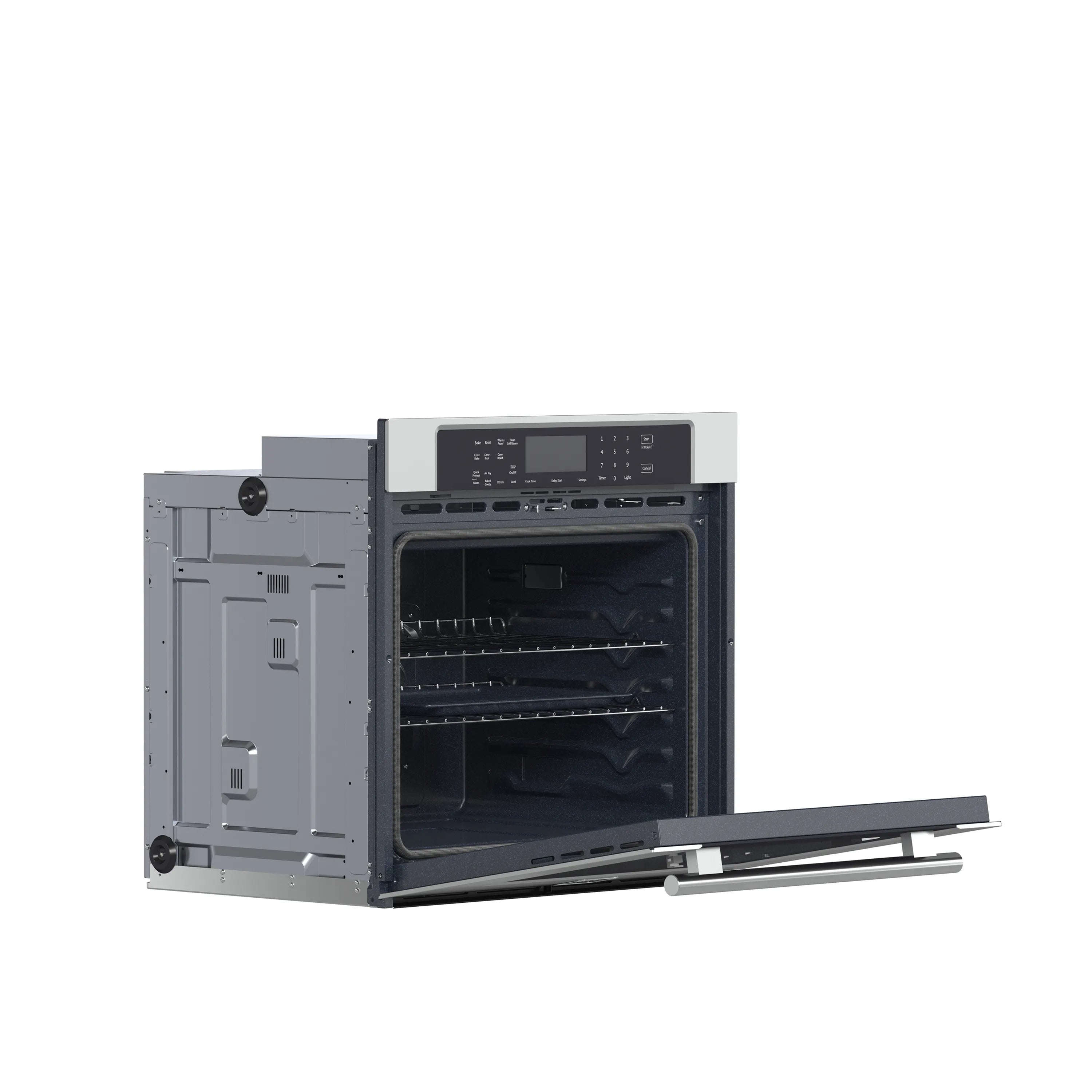 Open stainless steel wall oven cavity with racks and extended front rail