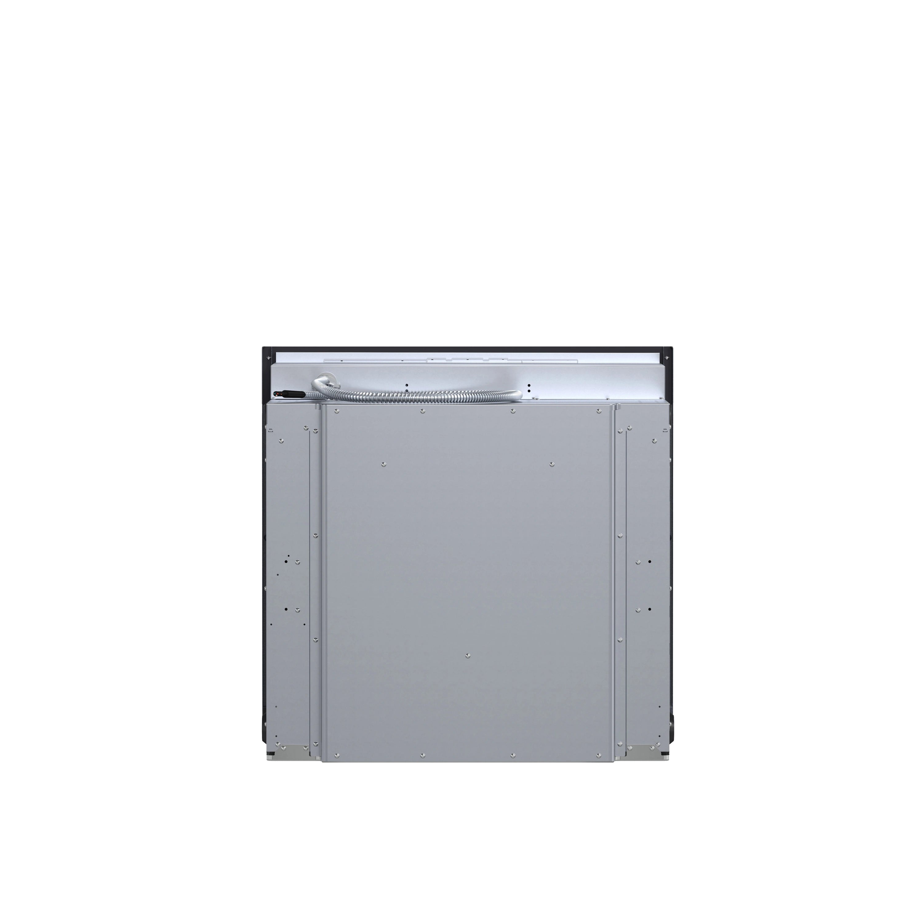 Stainless steel oven back panel with exposed internal components