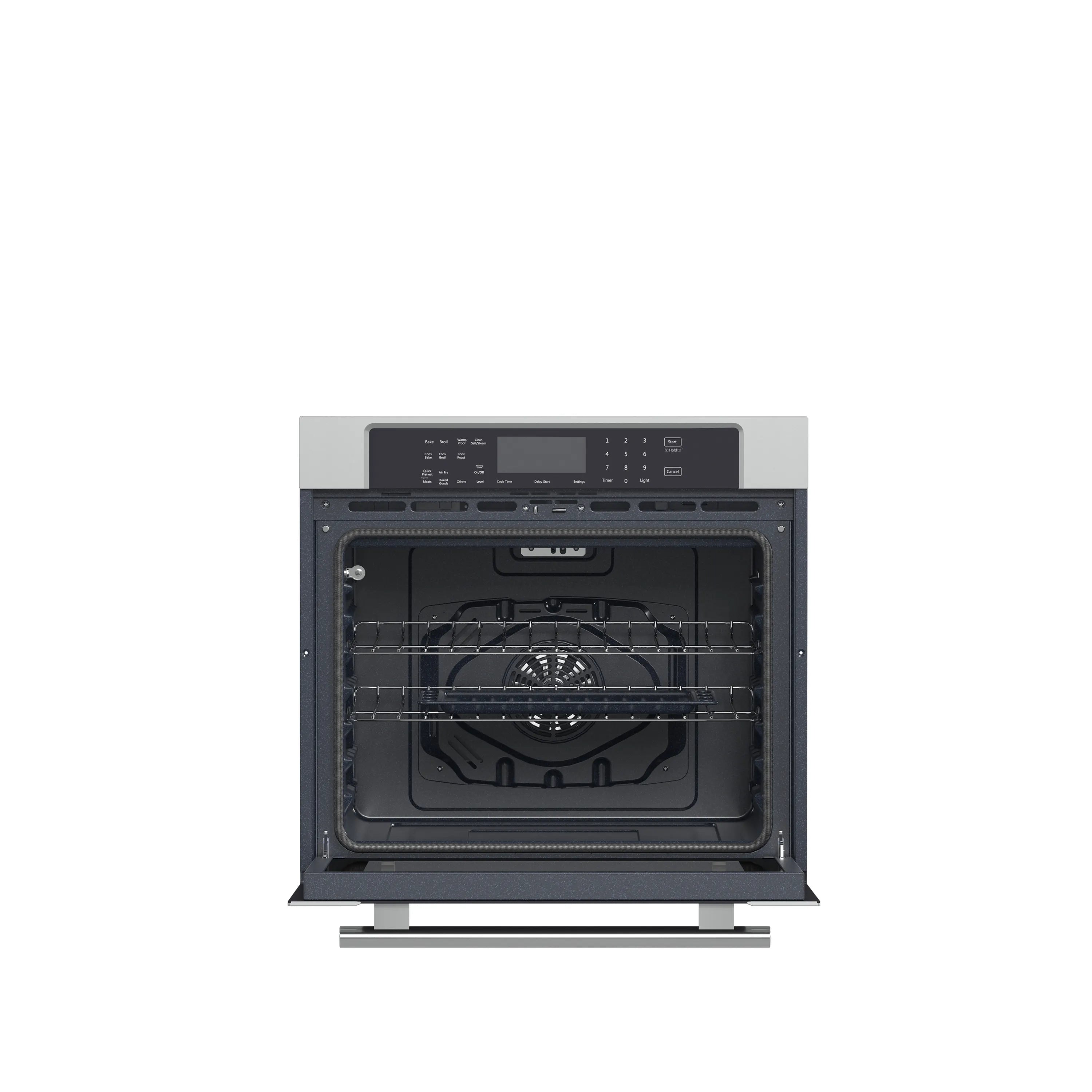 Stainless steel wall oven with door open showing dark interior and central fan