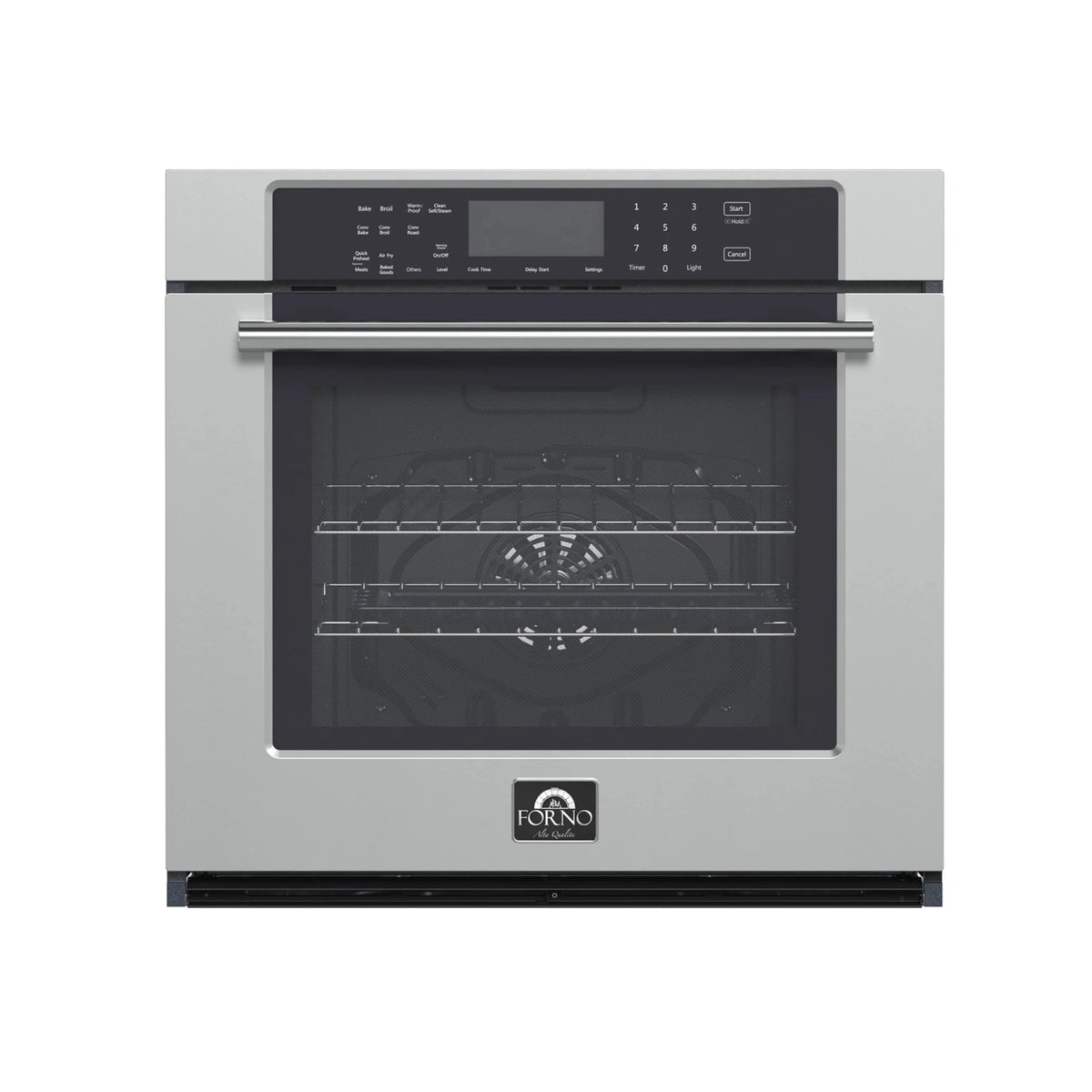 Stainless wall oven with dark glass door and digital control panel
