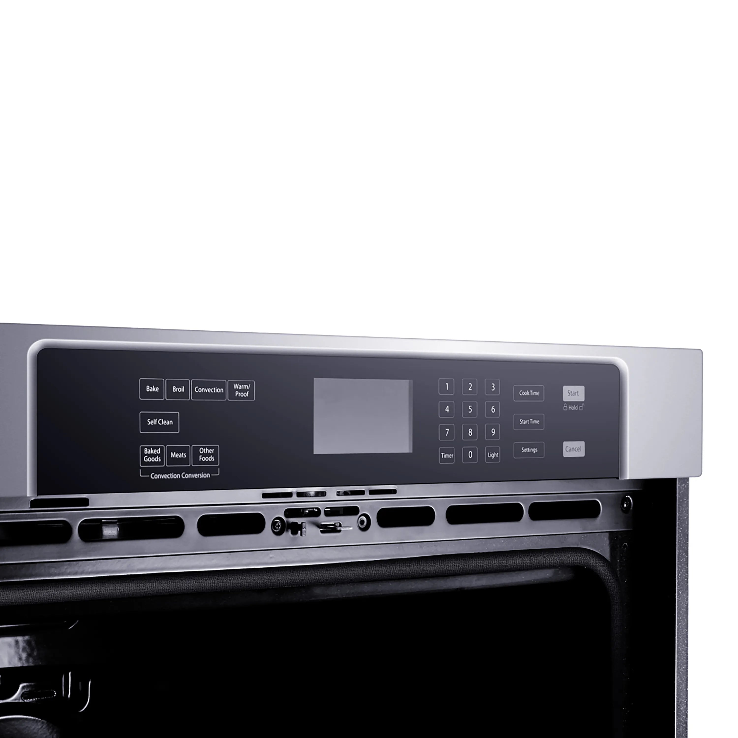Stainless steel convection oven control panel with backlit buttons and display