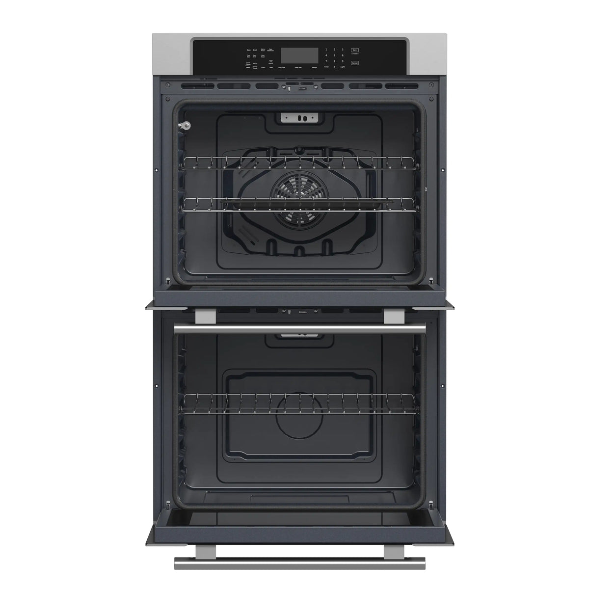 Double wall oven with both doors open, showing upper and lower oven cavities