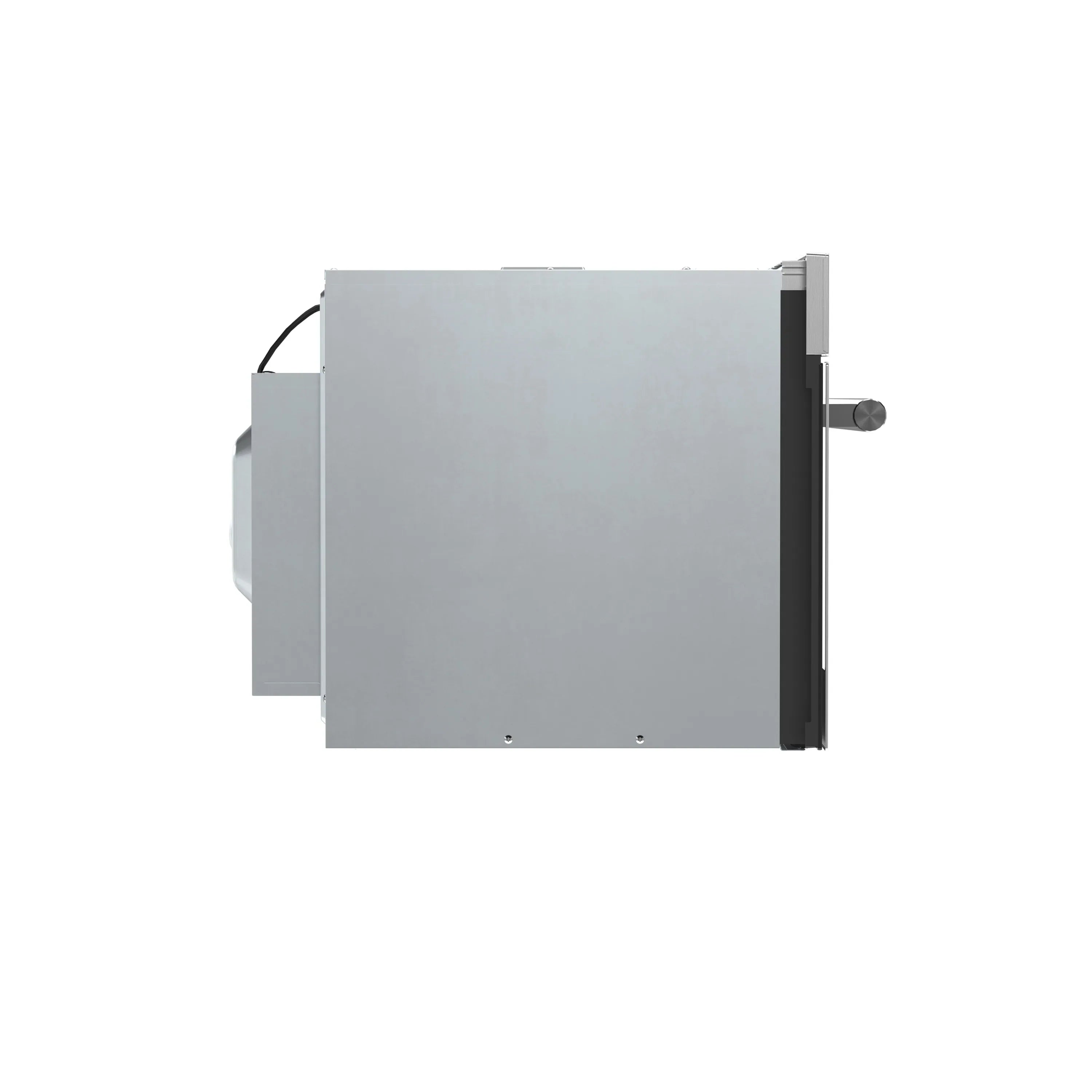 Microwave oven rear side view with vented housing and power cord connector
