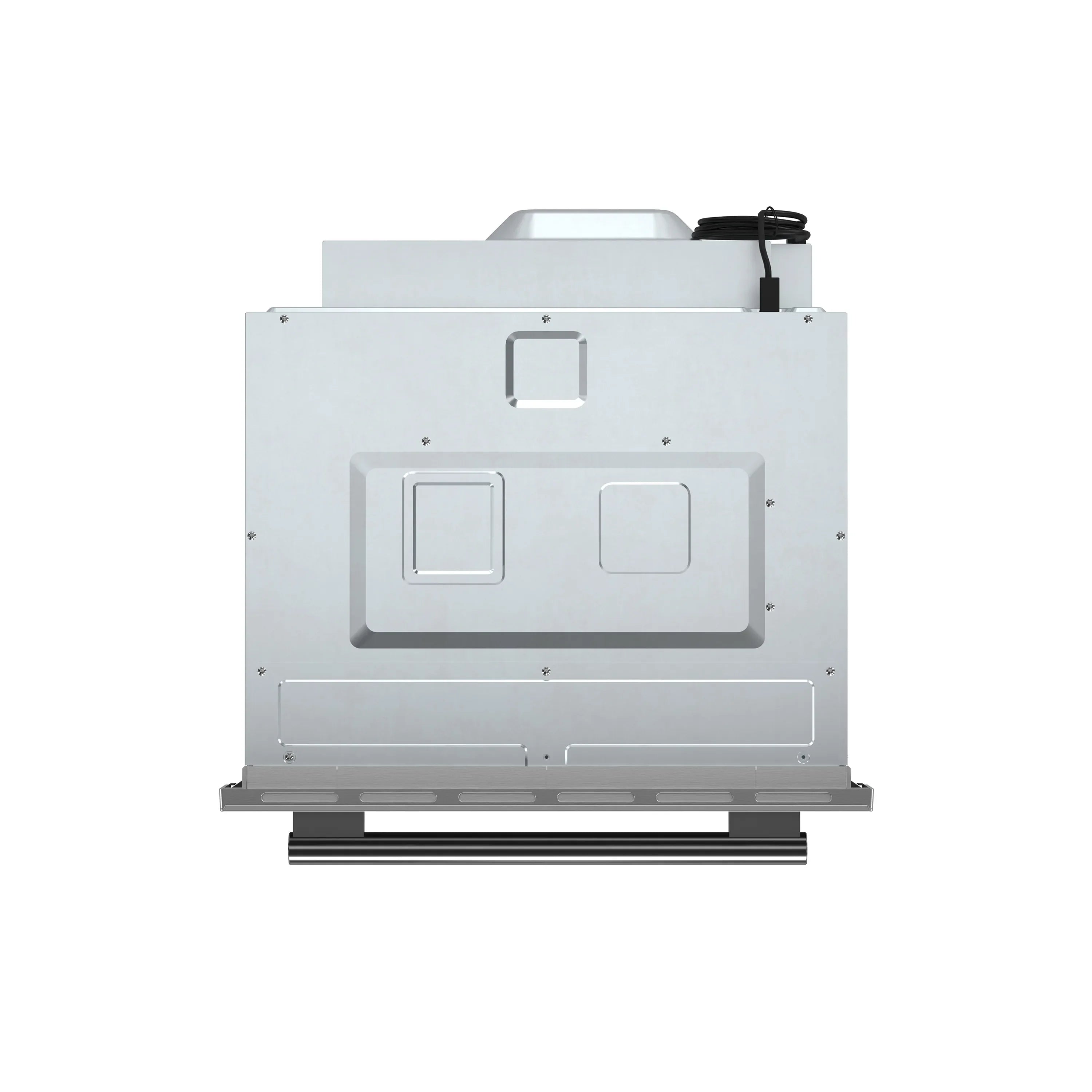 Microwave oven exterior with rear access panel and two control cutouts