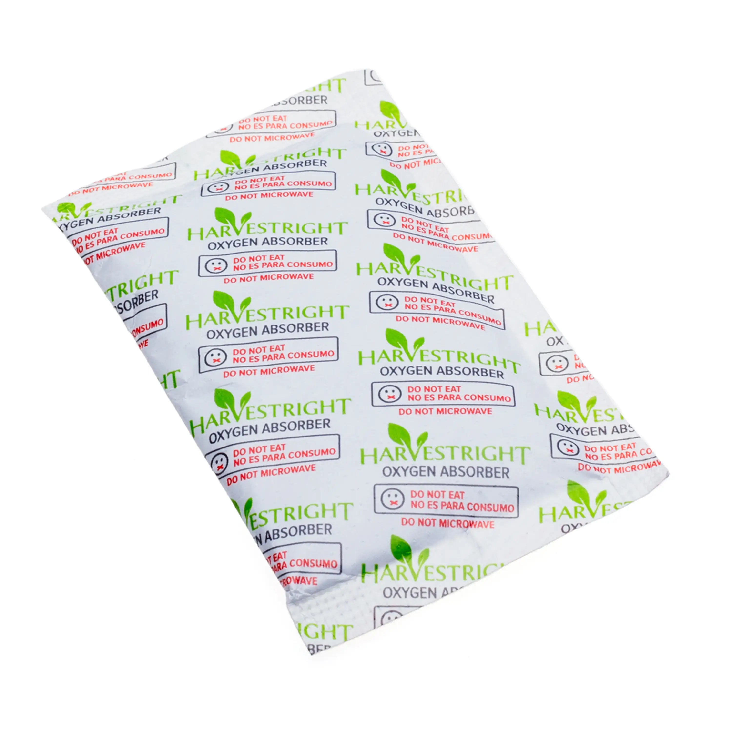 Close-up of HarvestRight oxygen absorber foil sachets with warning text.