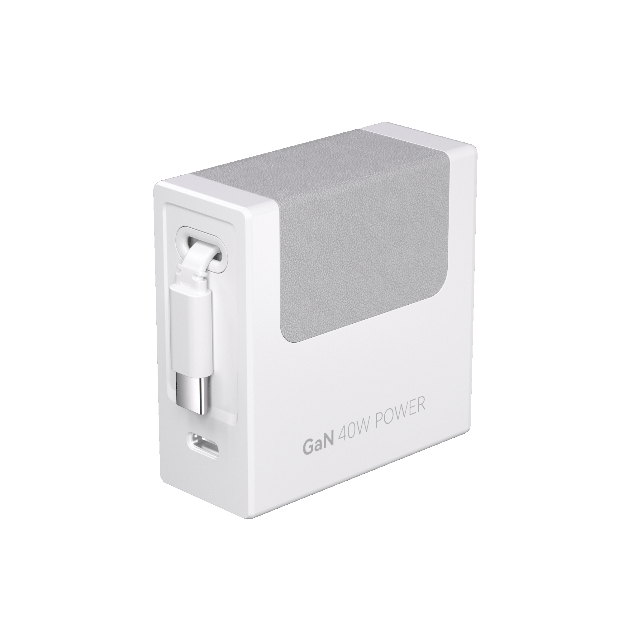 White GaN 40W retractable wall charger with built-in cable ports
