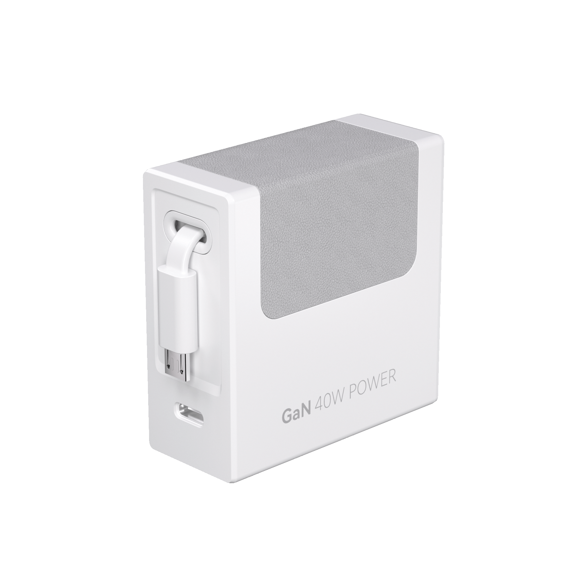 White GaN 40W retractable charger with fabric texture top and side charging port.