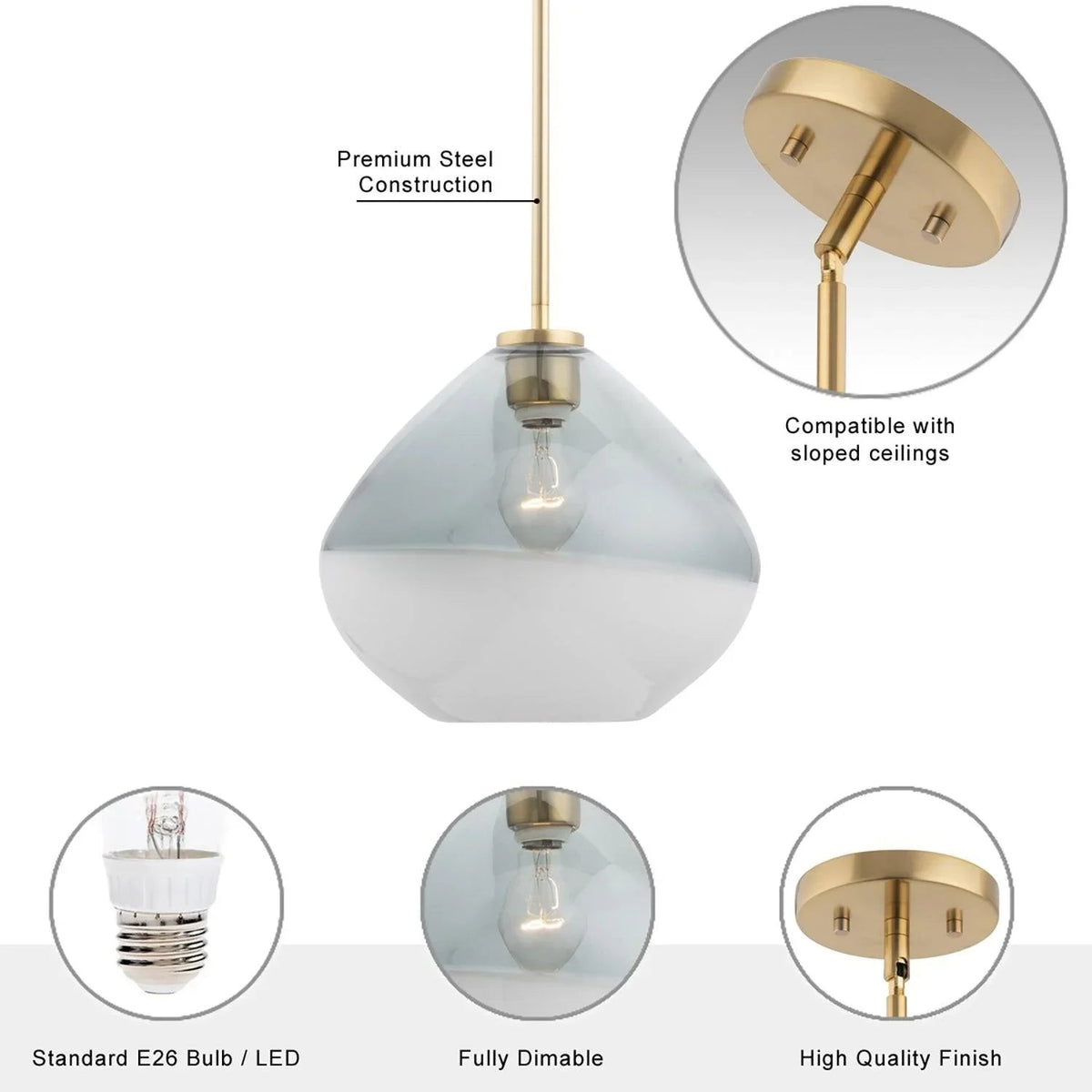 Golden pendant light with clear smoky glass shade and visible bulb