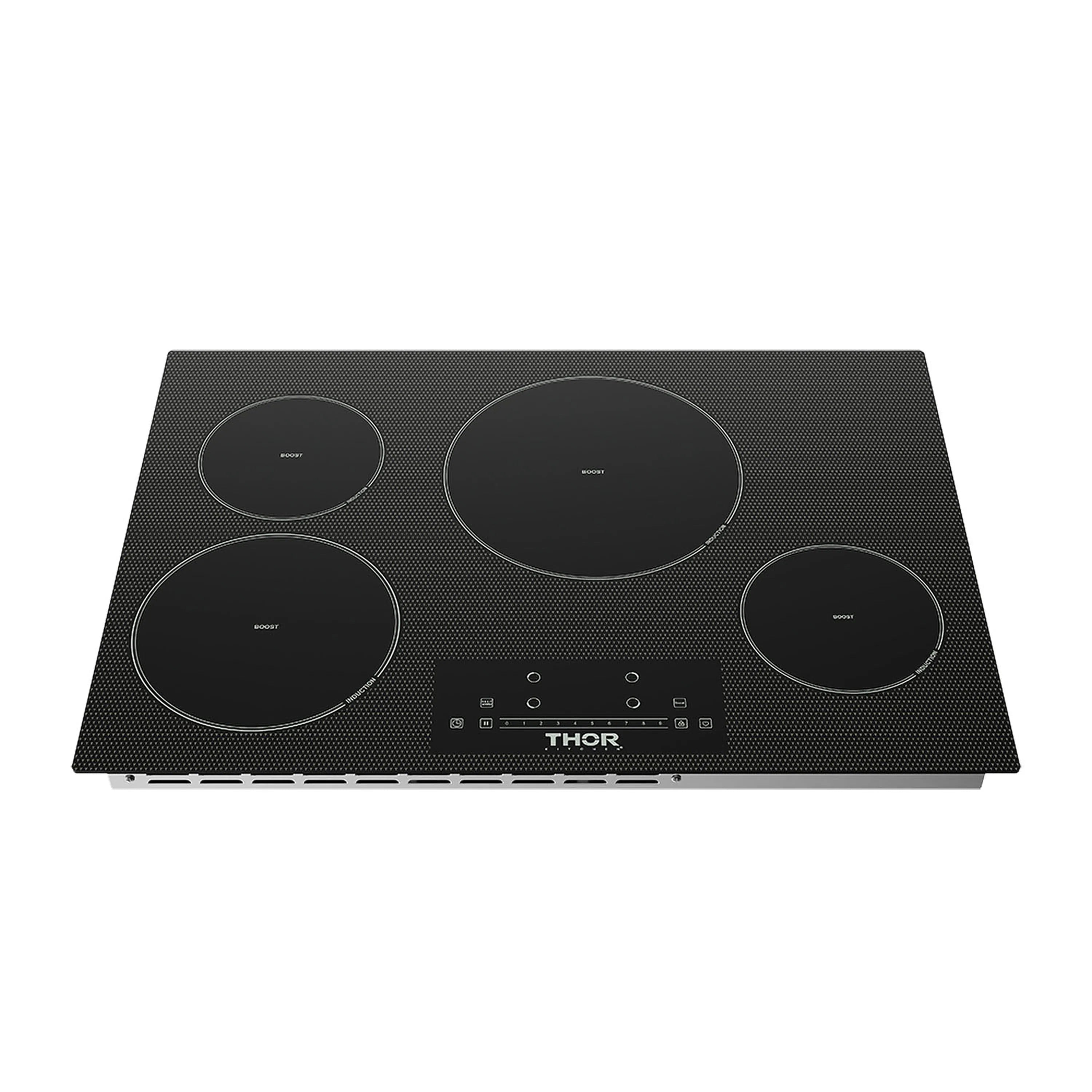 Black 4-zone induction cooktop with circular ceramic burners and touch control panel