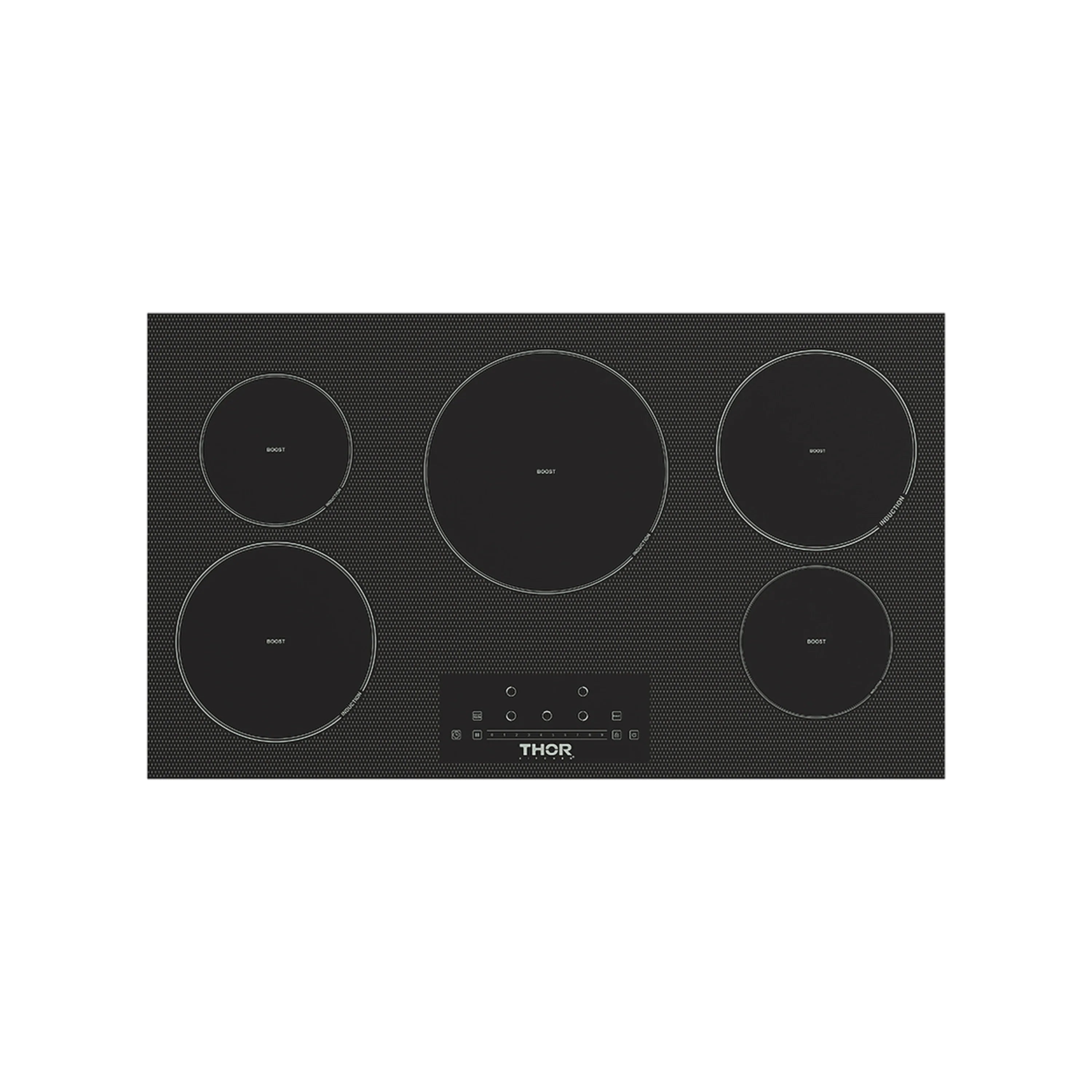 Black 5-element induction cooktop with five touch control rings and front control panel
