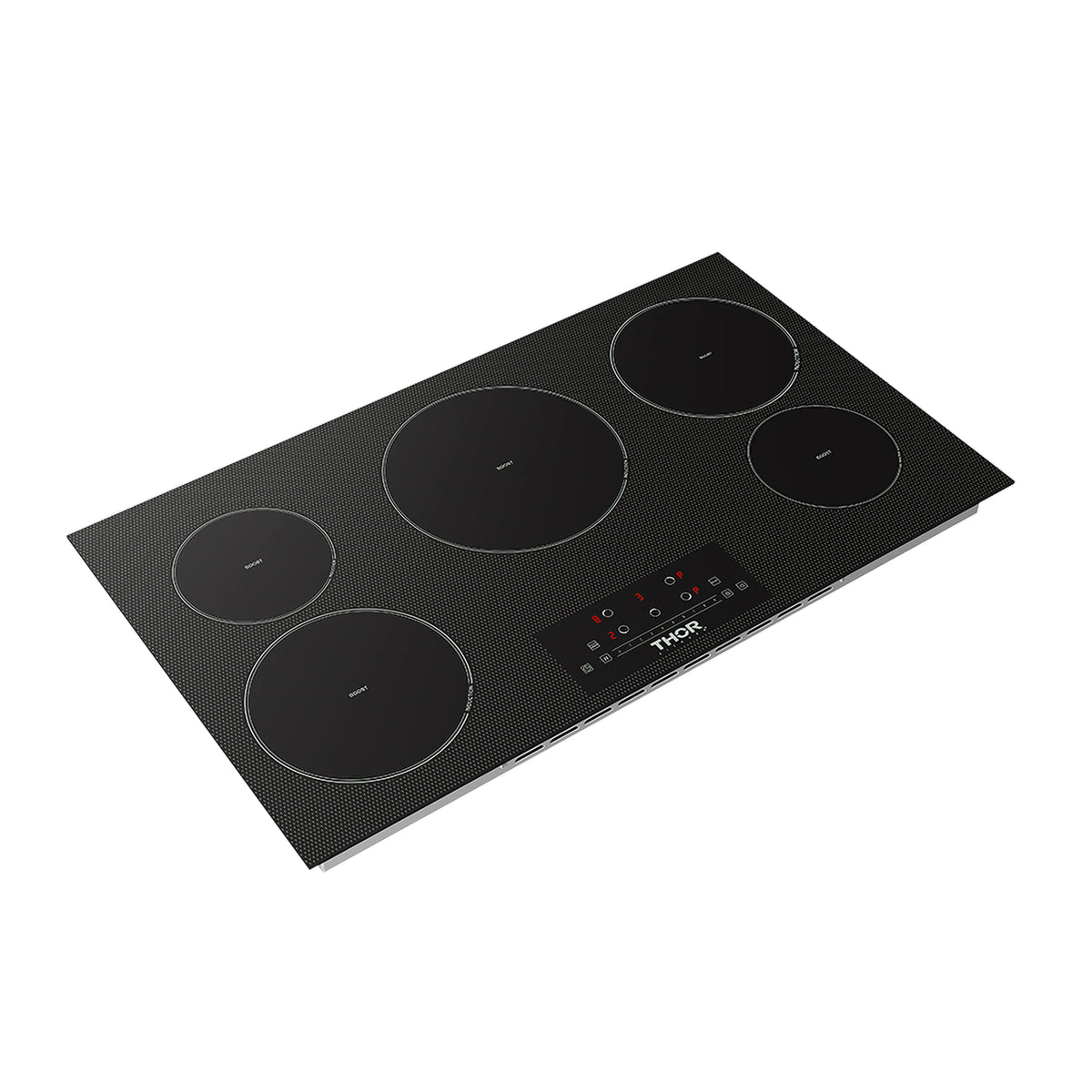 Black 5-element induction cooktop featuring five smooth touch control rings