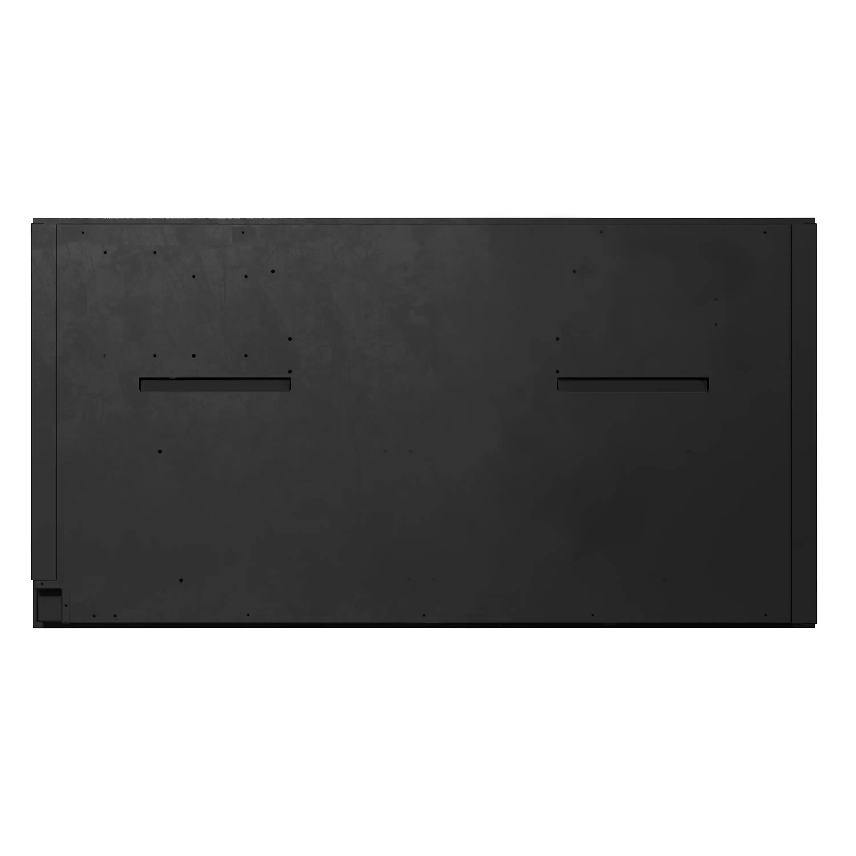 Linear electric fireplace back panel in dark metal with two rectangular openings