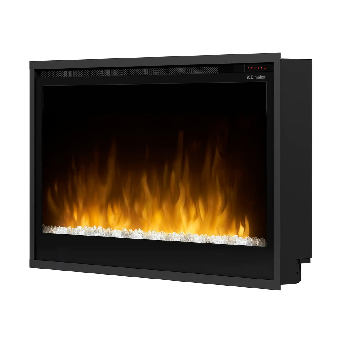 Dimplex linear electric fireplace showing yellow flame effect, black frame