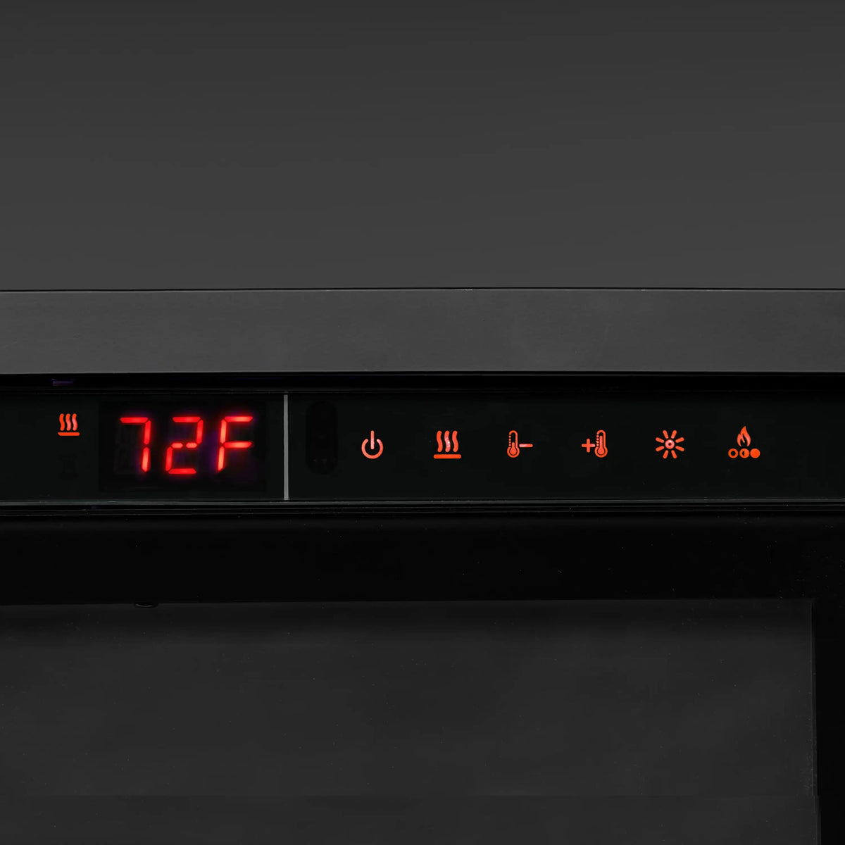 Black electric fireplace control panel with red digital temperature 72°F display