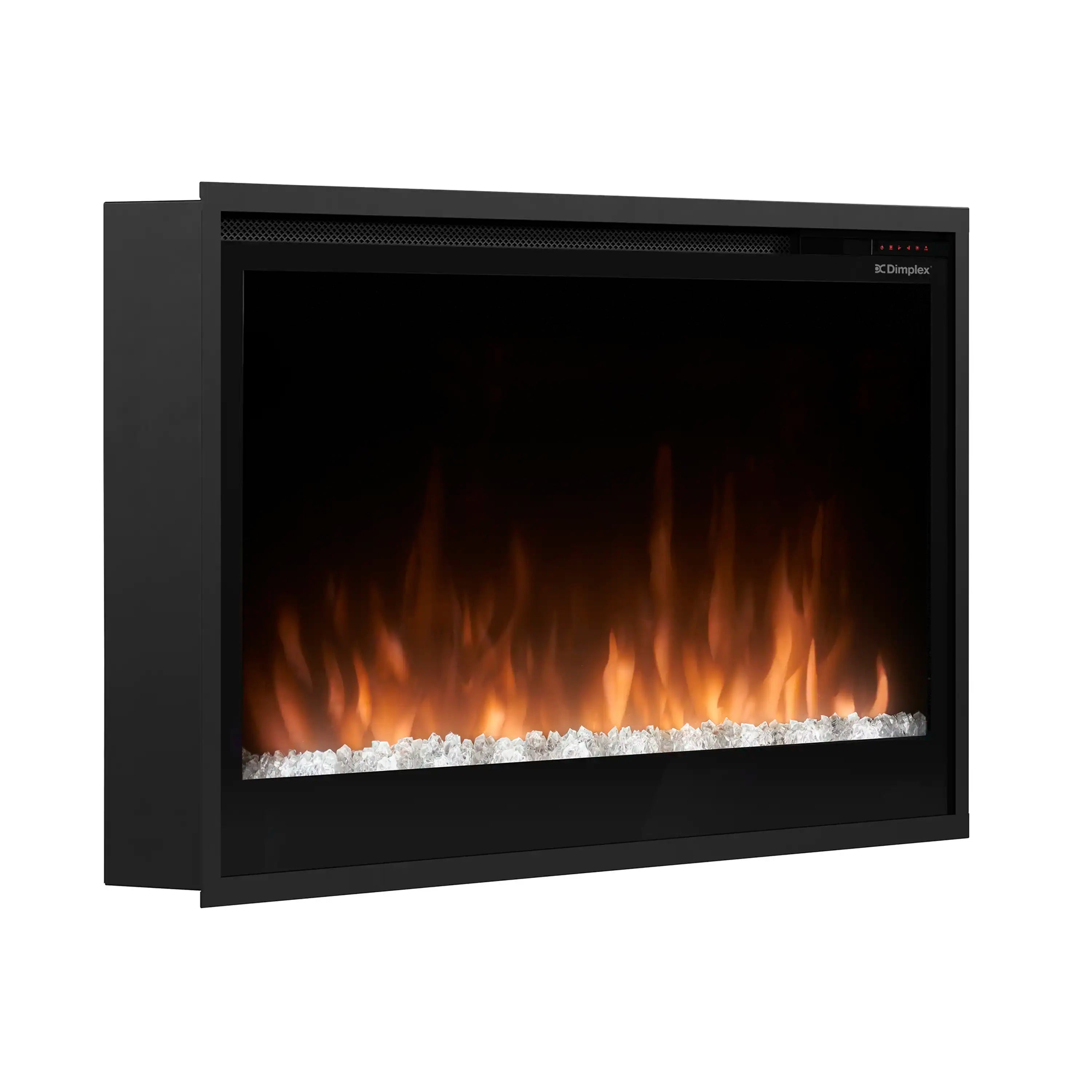 Black slim linear built-in electric fireplace with flame effect and glass viewing panel