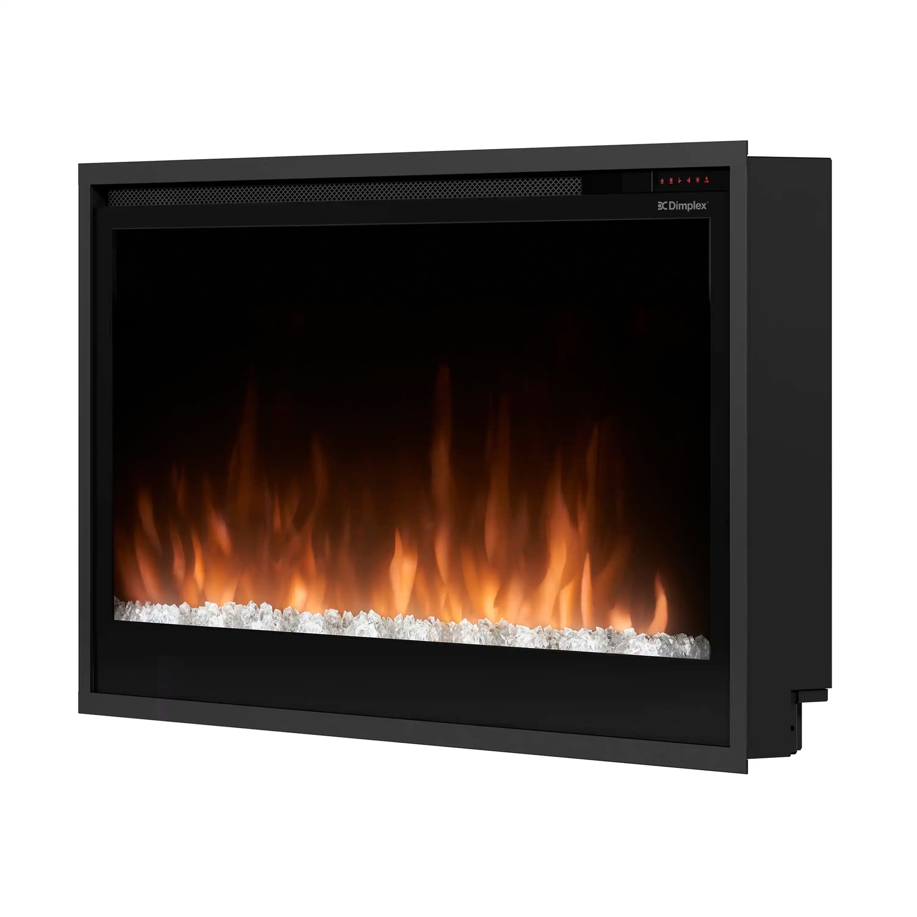 Slim linear built-in electric fireplace with black frame, flame effect, and side panel