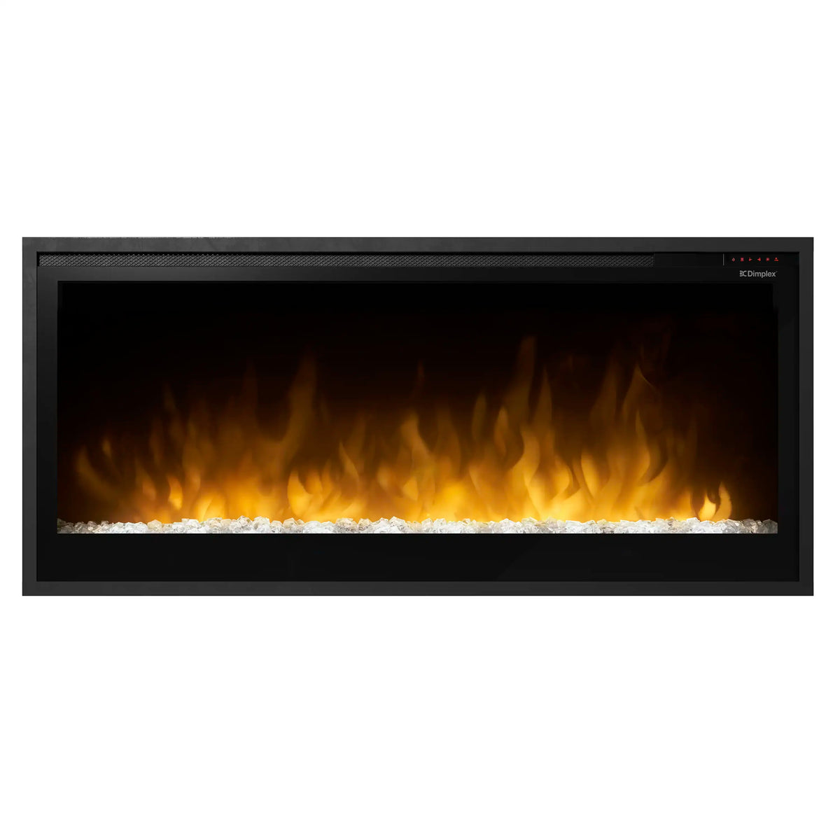 Built-in linear electric fireplace with black frame and glowing flame window