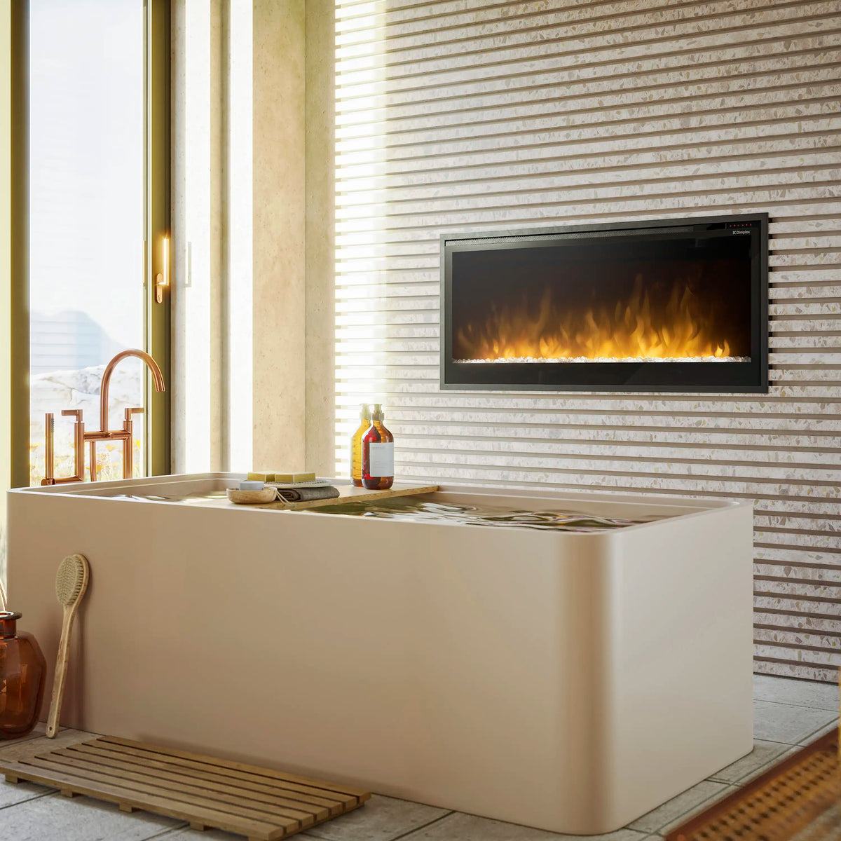 Linear electric fireplace insert with black frame and orange flame display in wall