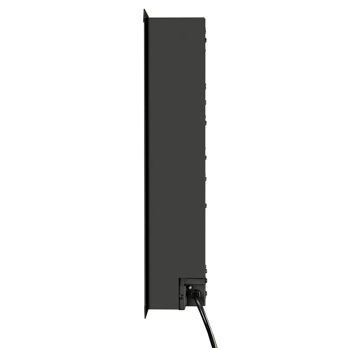 Narrow black side panel for built-in linear electric fireplace with attached cable