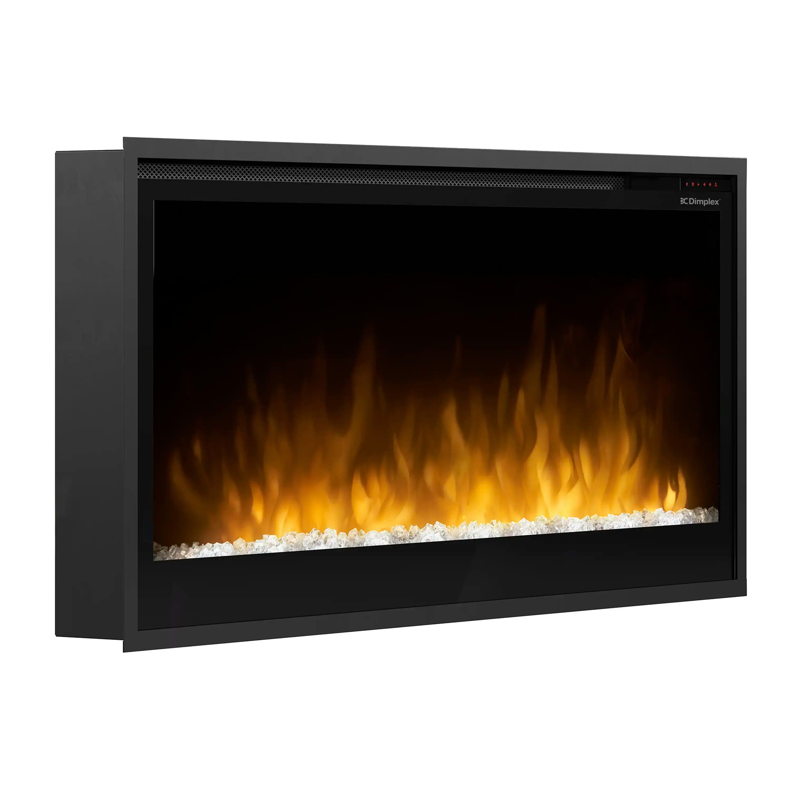 Built-in linear electric fireplace with golden-yellow flames and white faux logs