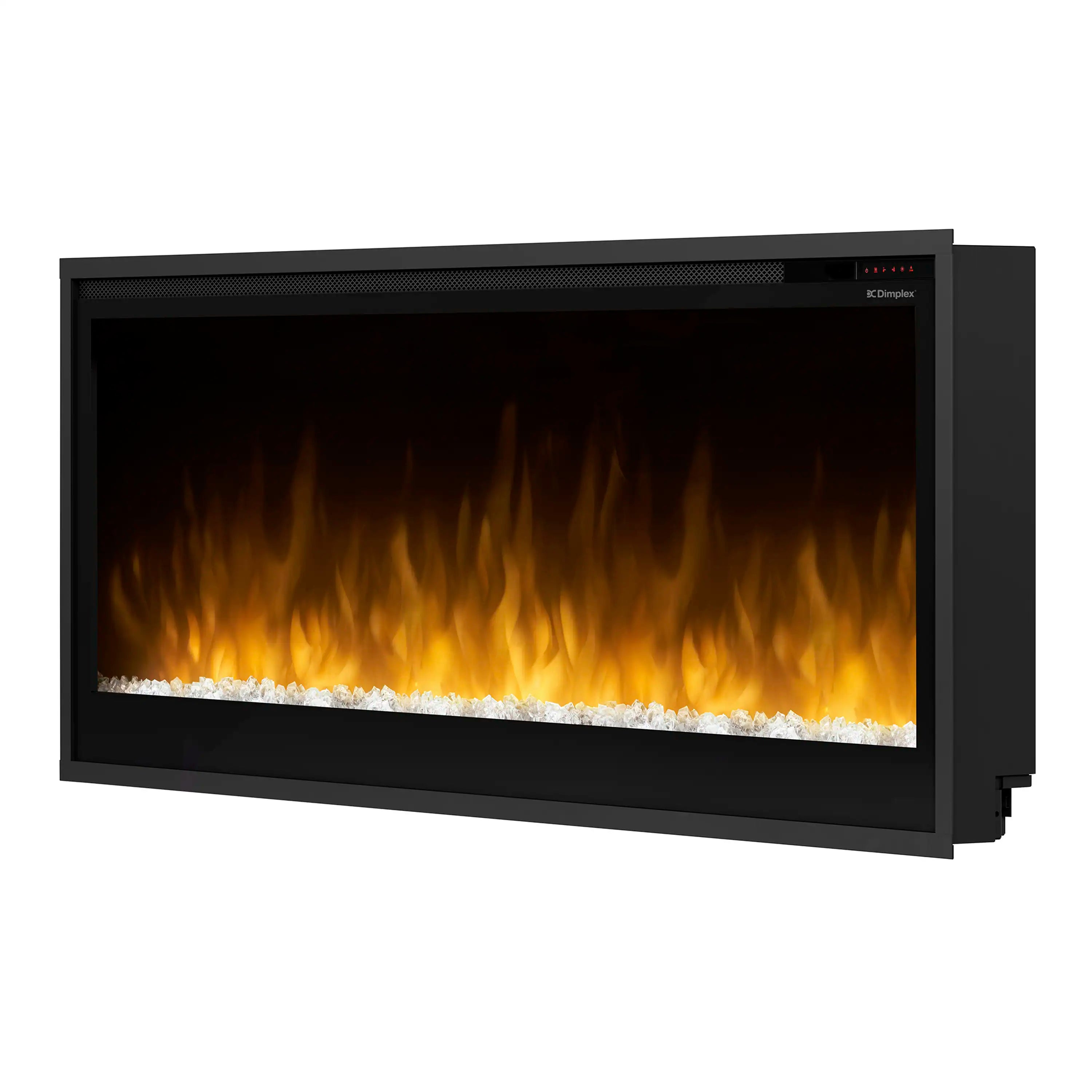 Built-in linear electric fireplace, black housing with amber flames and white crystal fire bed