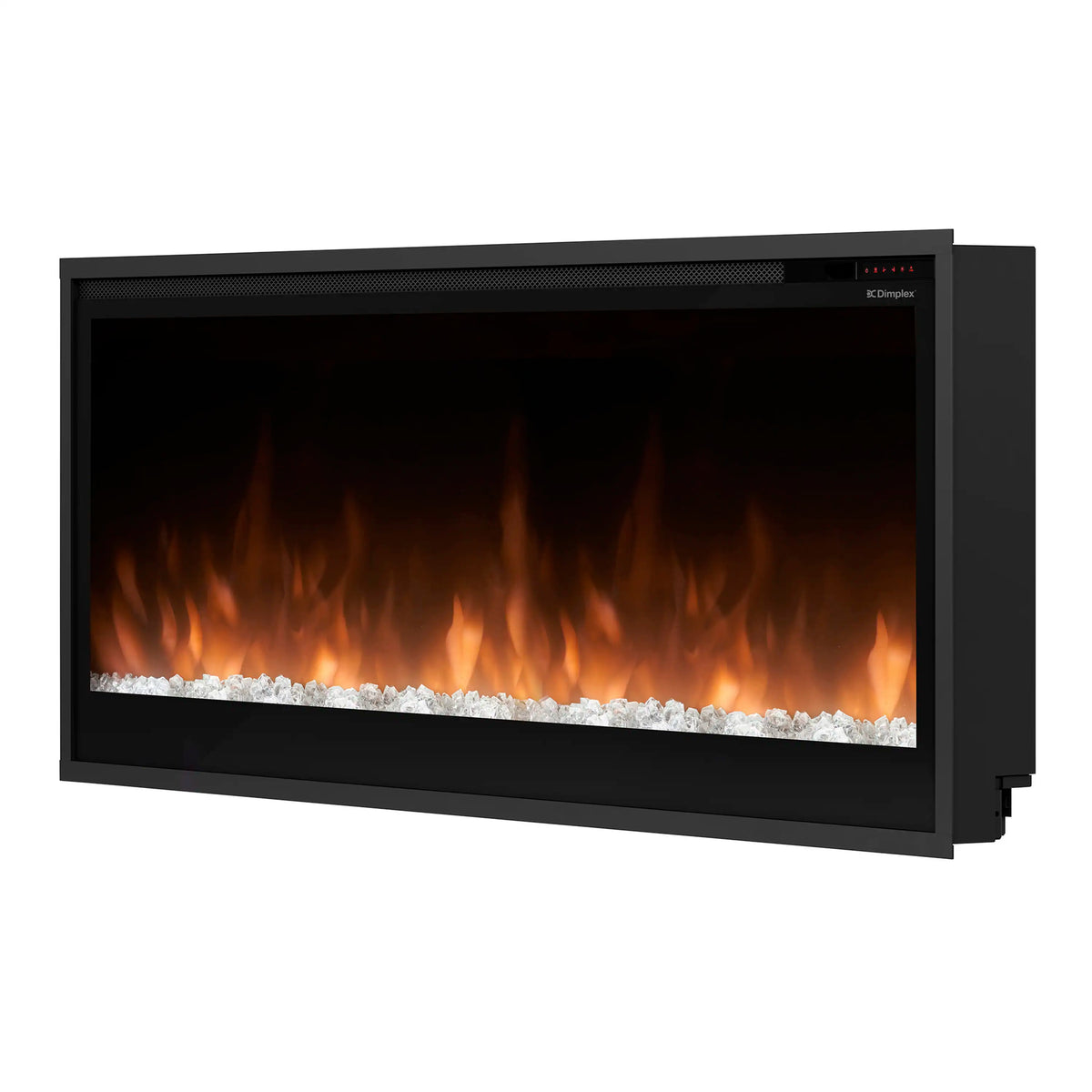 Built-in linear electric fireplace, black housing with orange flames and white crystal fire bed