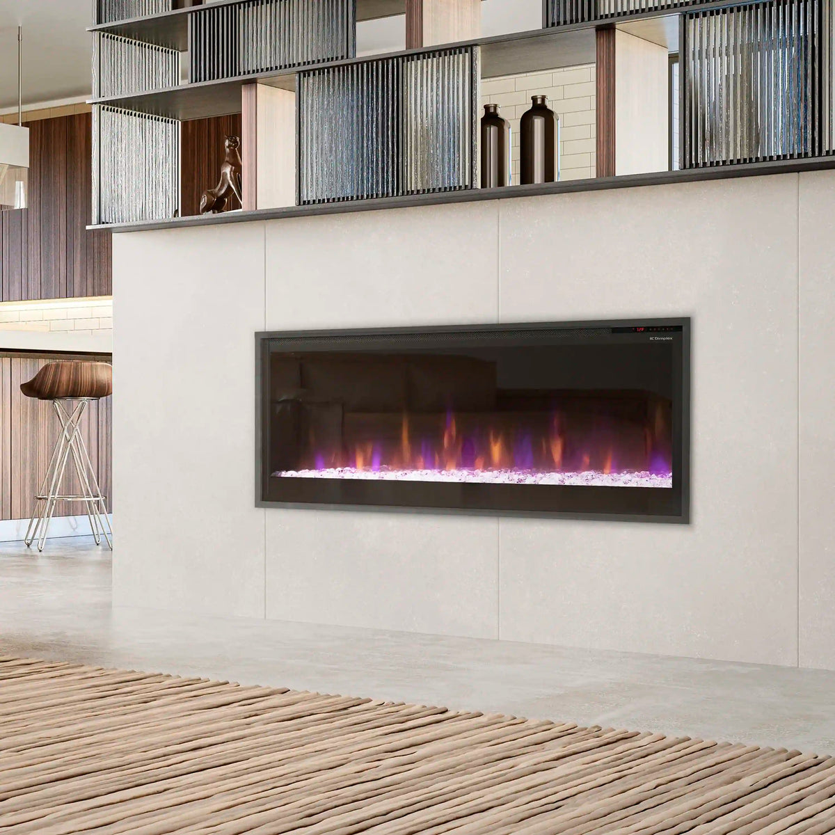 Built-in linear electric fireplace with dark frame and purple-blue flame glow
