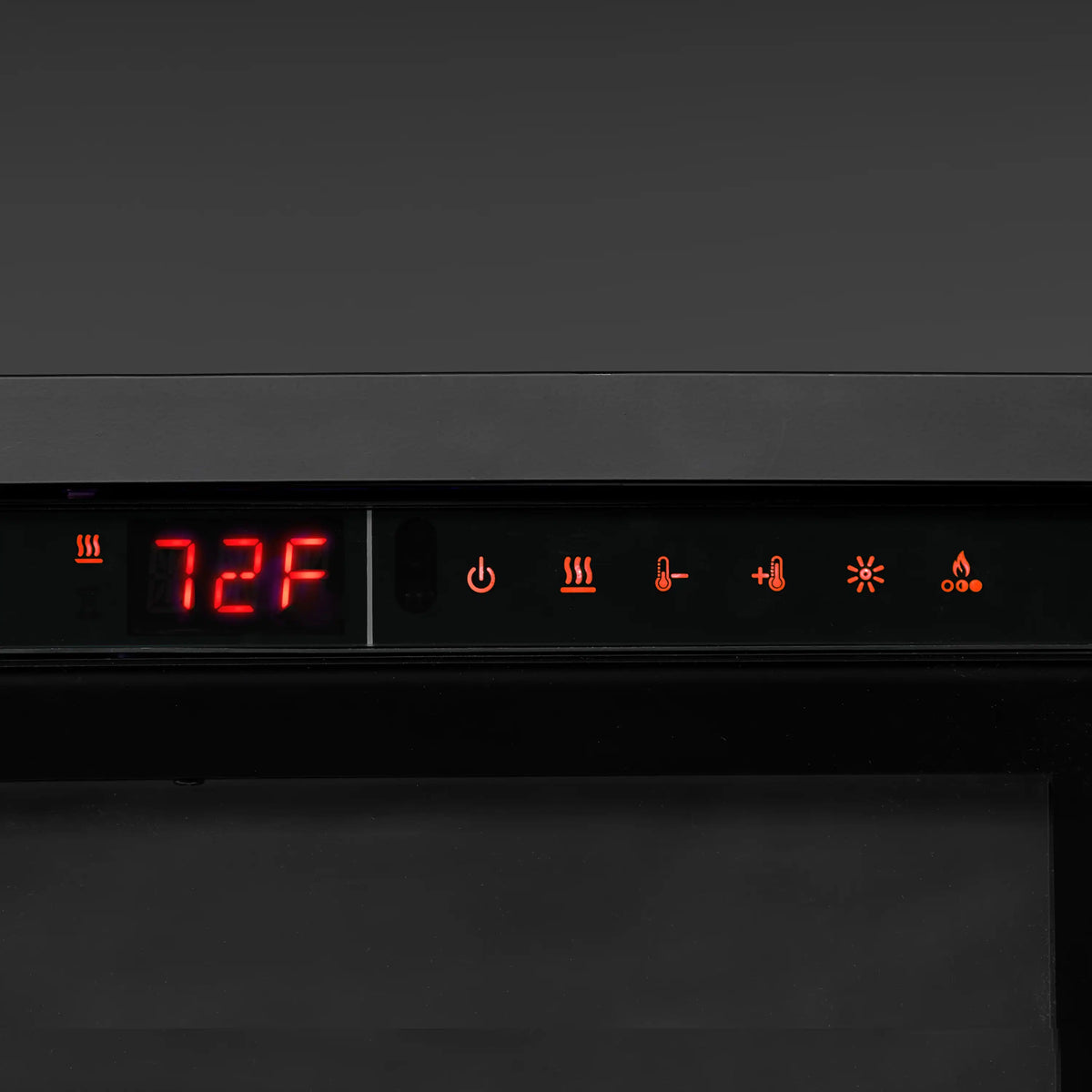 Electric fireplace display panel showing 72F on red LED with function icons