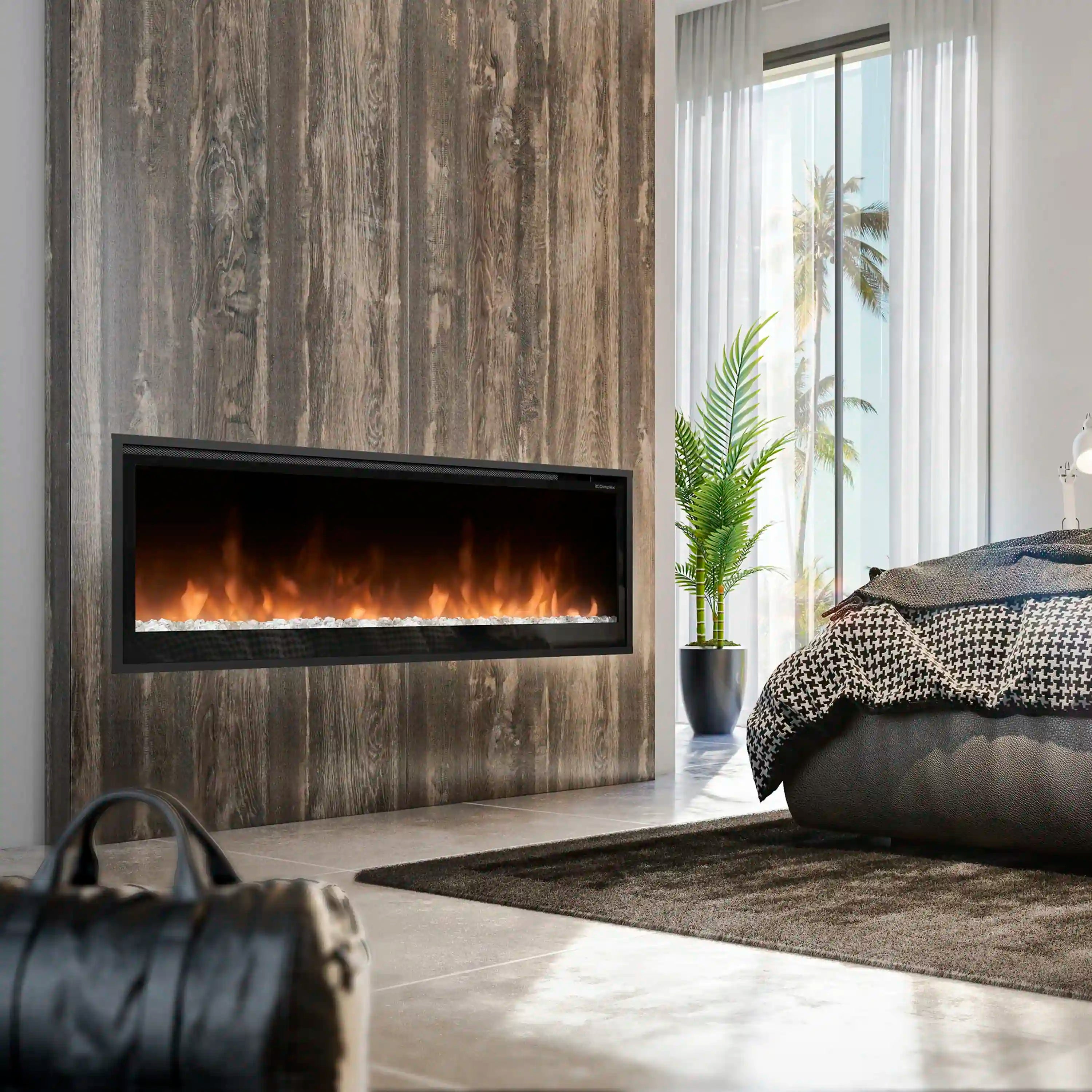 Built-in linear electric fireplace with black frame and glowing flame effect