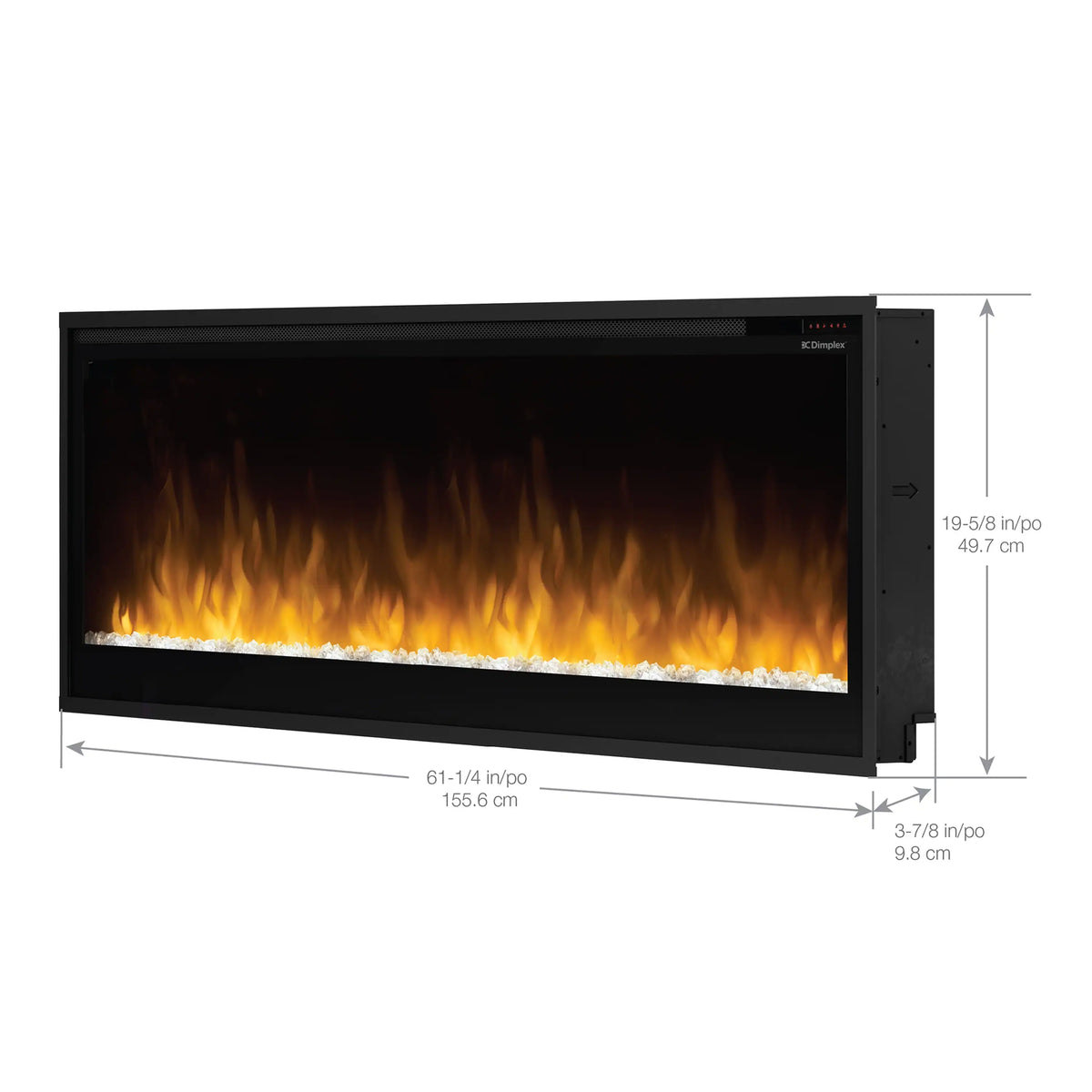 Slim built-in linear electric fireplace with flame window and width/height dimensions