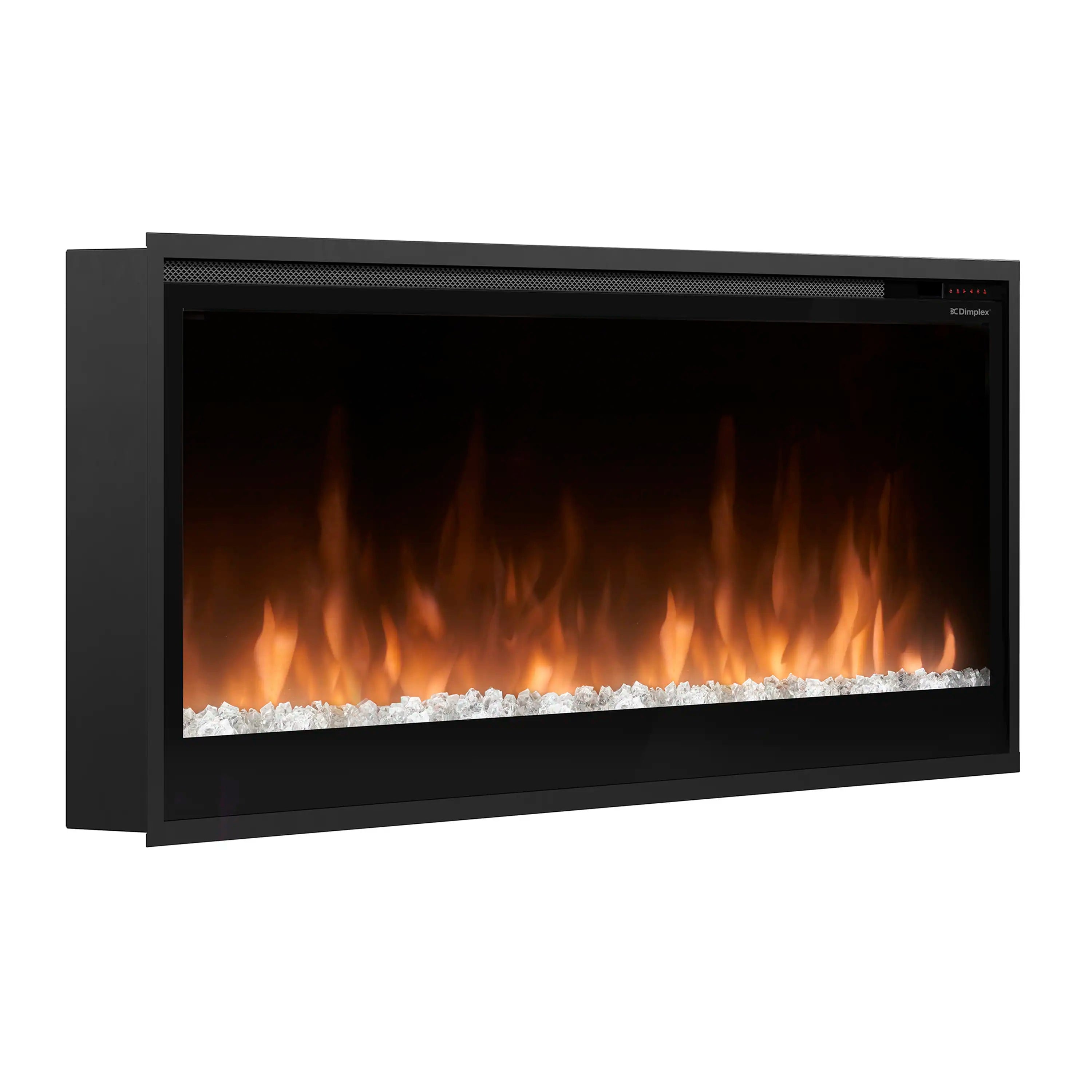 Built-in linear electric fireplace with black frame and orange flame display