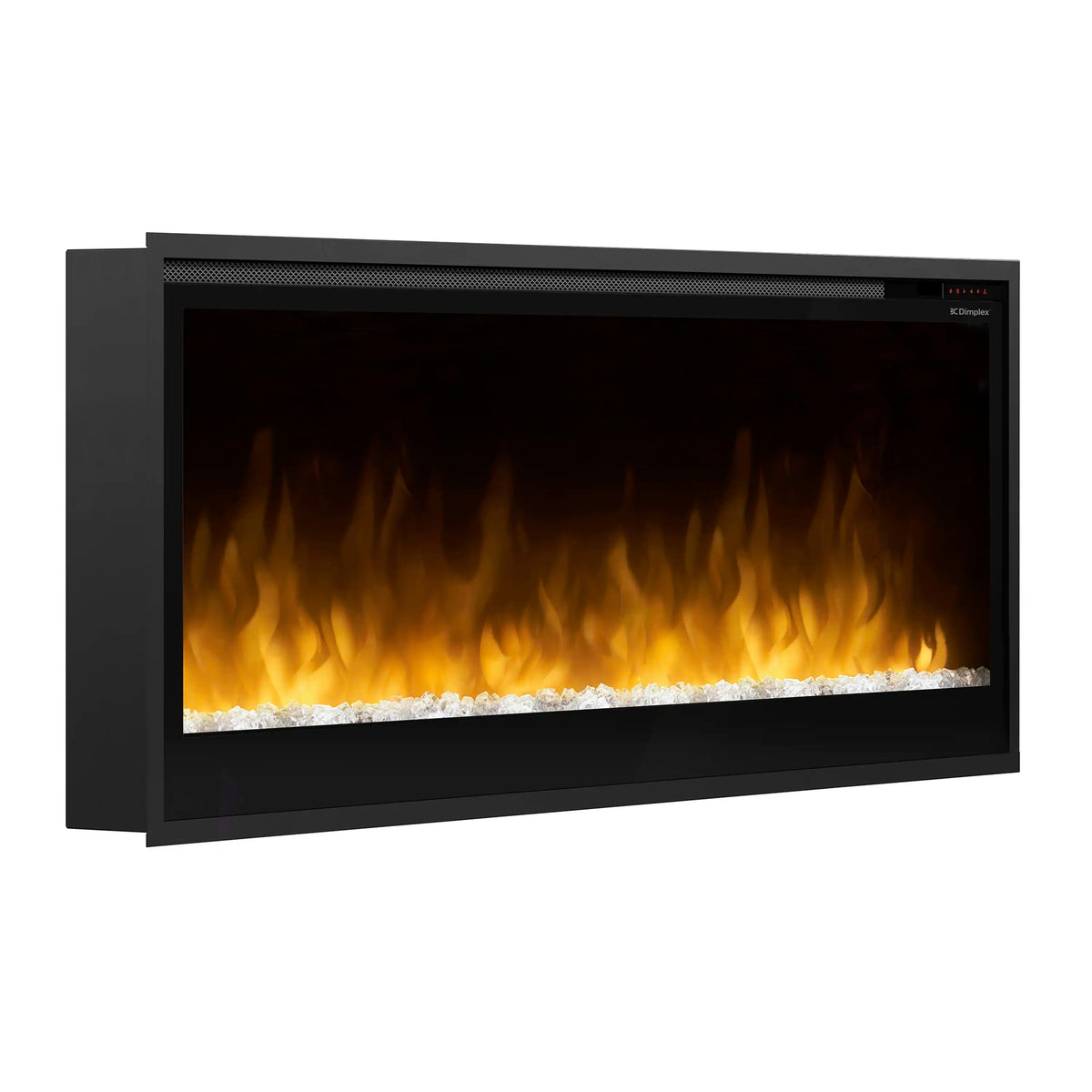 Built-in linear electric fireplace with black housing and orange flame effect