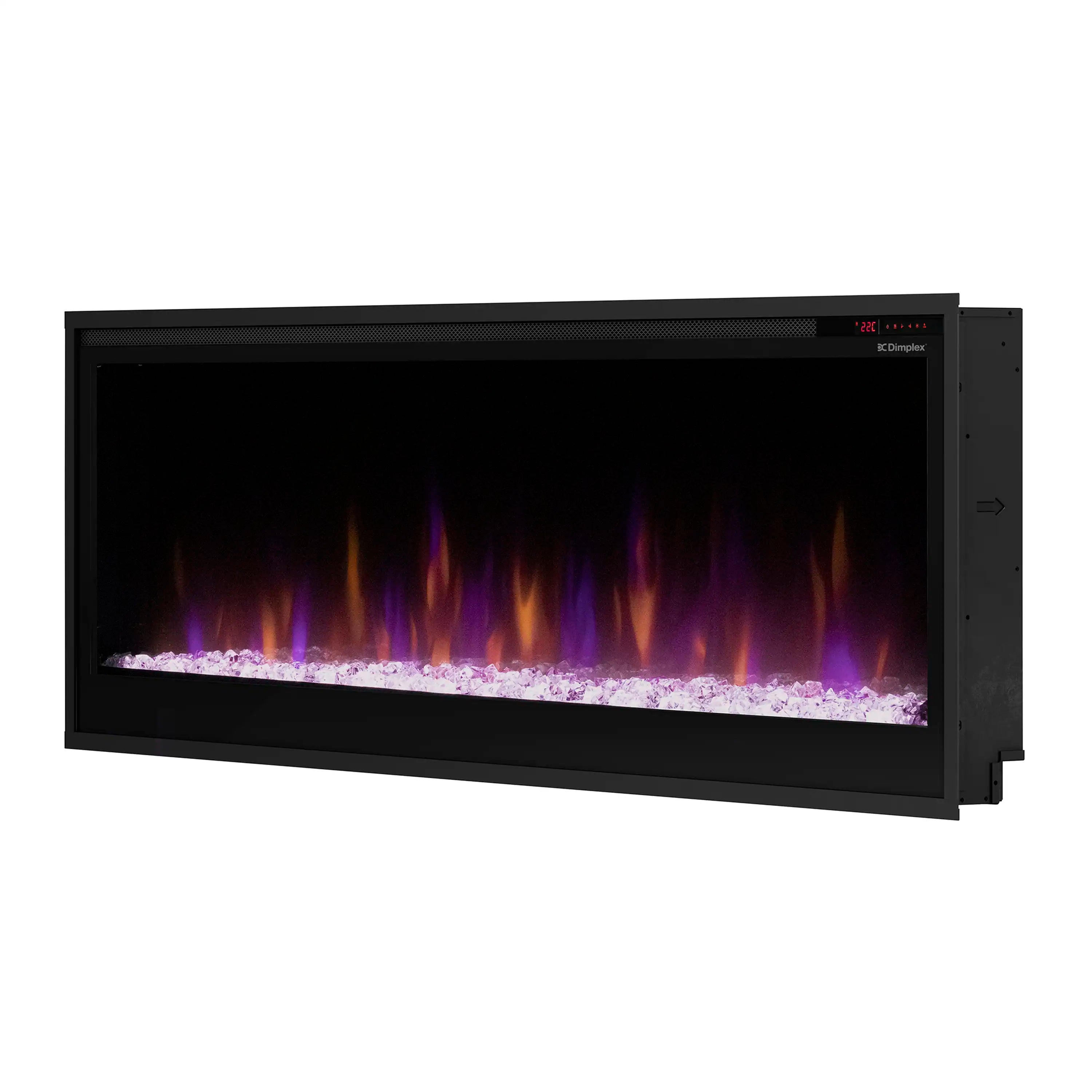Built-in linear electric fireplace with black housing and purple flame effect