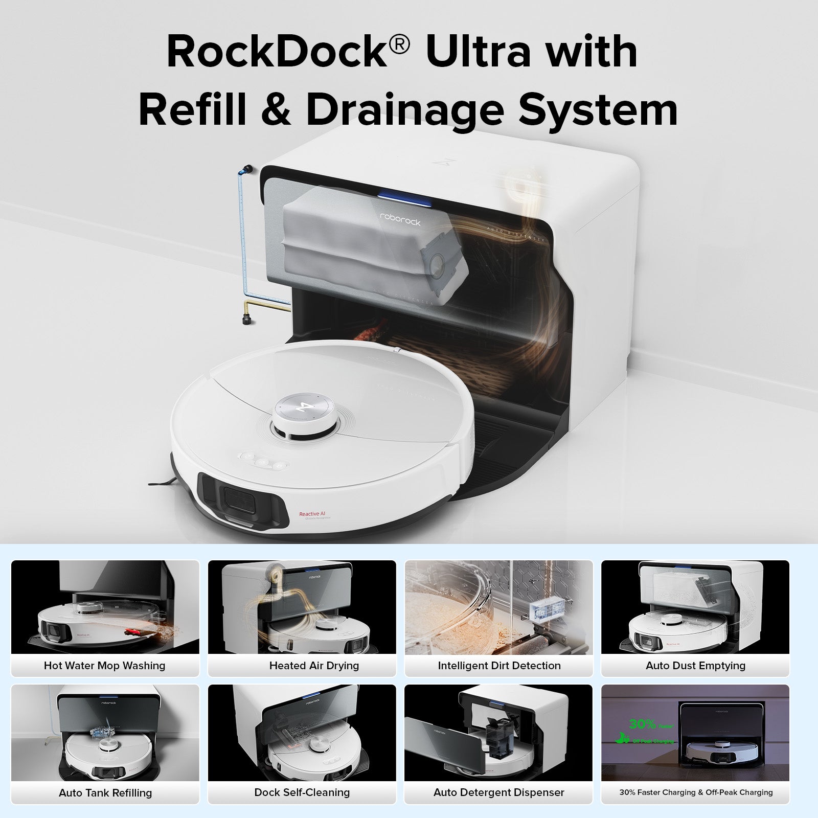 Robot vacuum and dock with open lid and charging robot