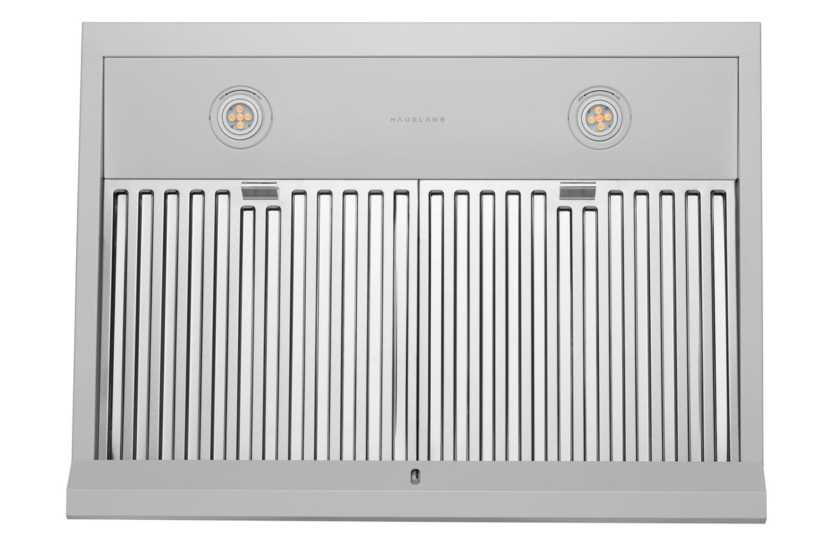 Matte white under-cabinet range hood with vented grille and two LED control lights