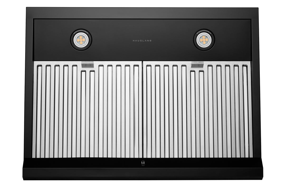 Matte black under-cabinet range hood with vented grille and two LED control lights