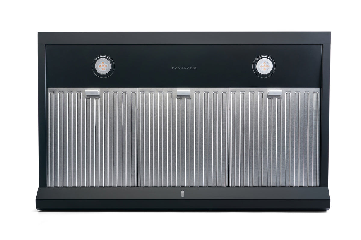 Matte black under-cabinet range hood with vented grille and two circular LED lights