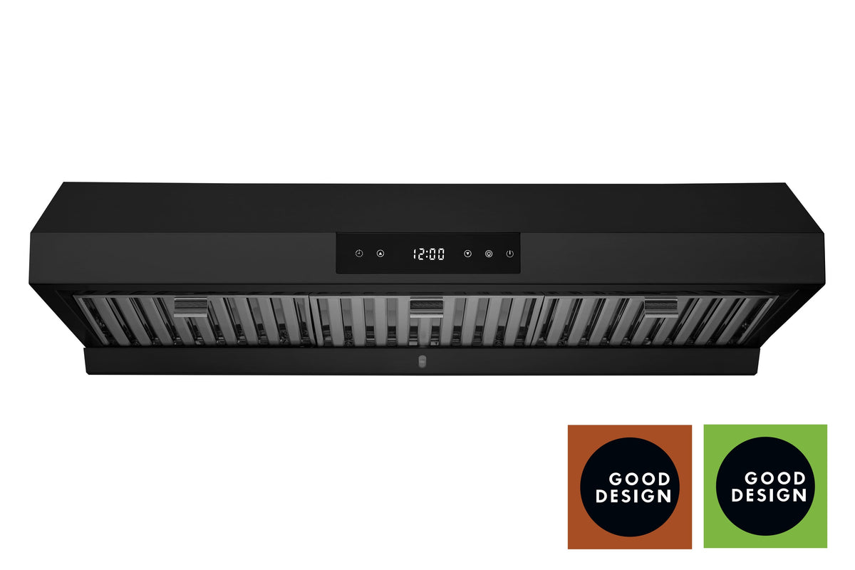 Matte black under-cabinet range hood front view with vent slots and control panel