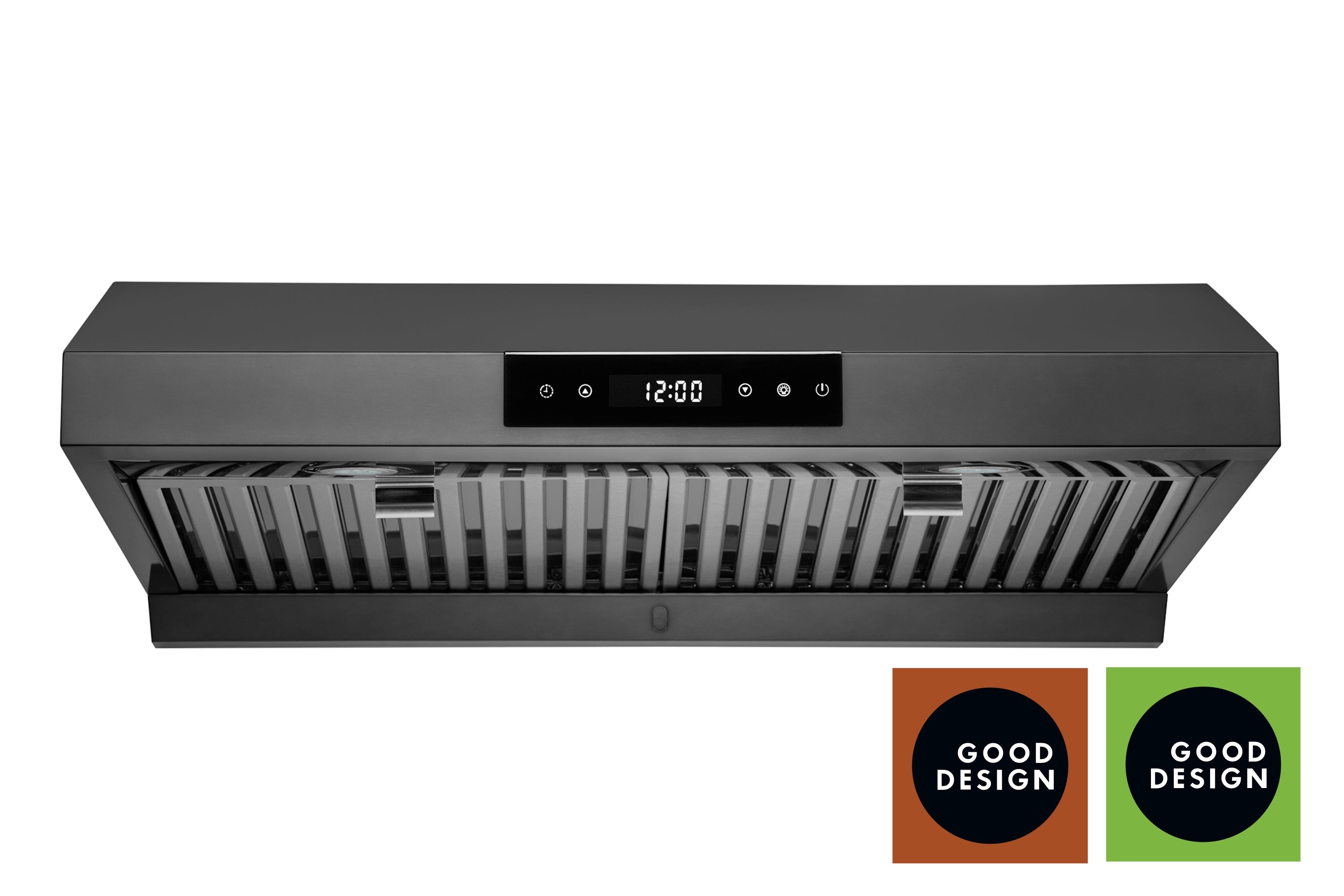 Under-cabinet range hood in black stainless with touch control panel and vent grilles