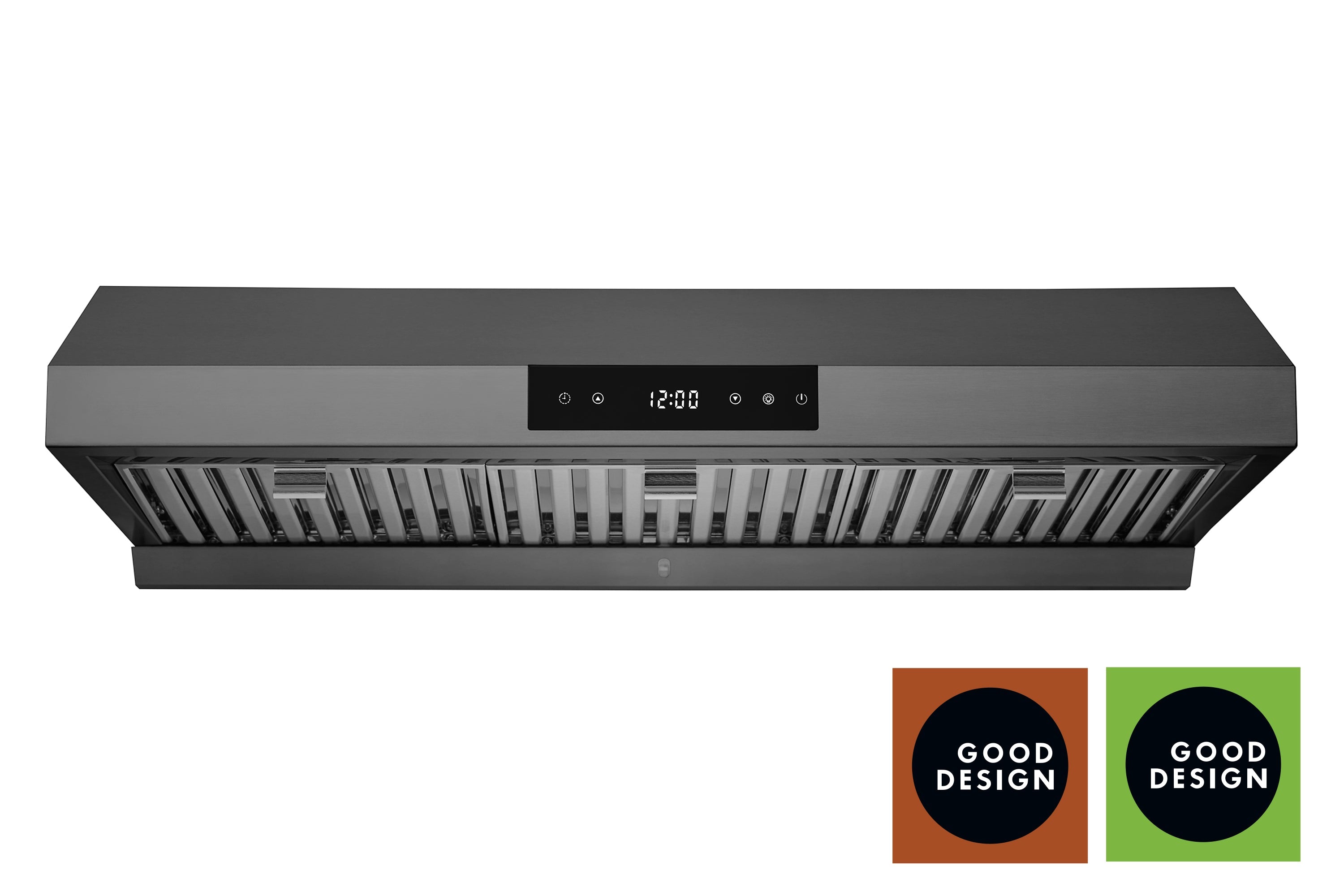 Black stainless under-cabinet range hood front view with touch controls and vent slots
