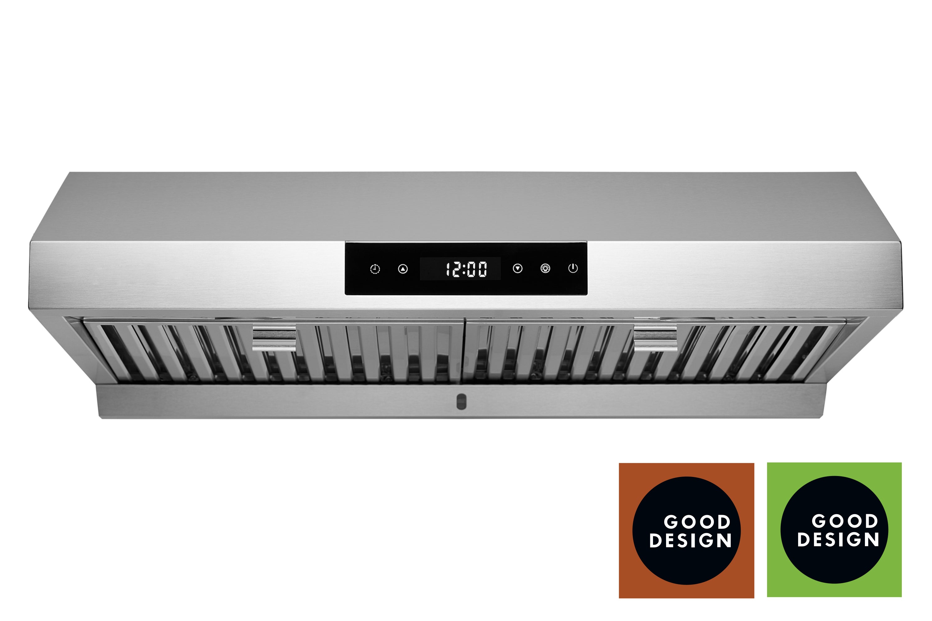 Stainless steel under-cabinet range hood with vent grille and control panel display