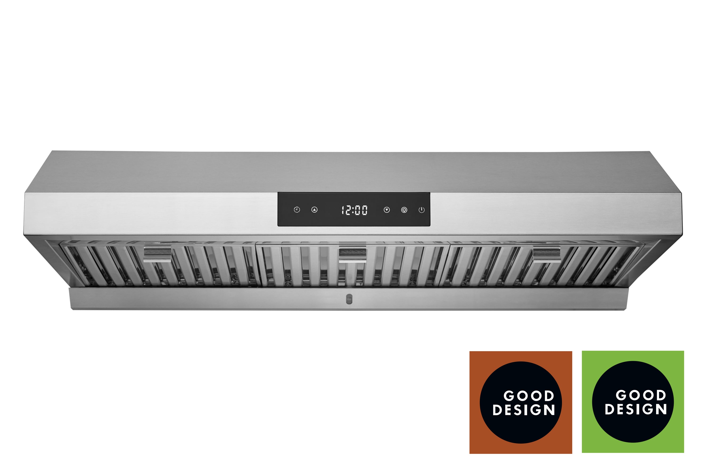 Stainless steel under-cabinet range hood front view with vent grille and control panel