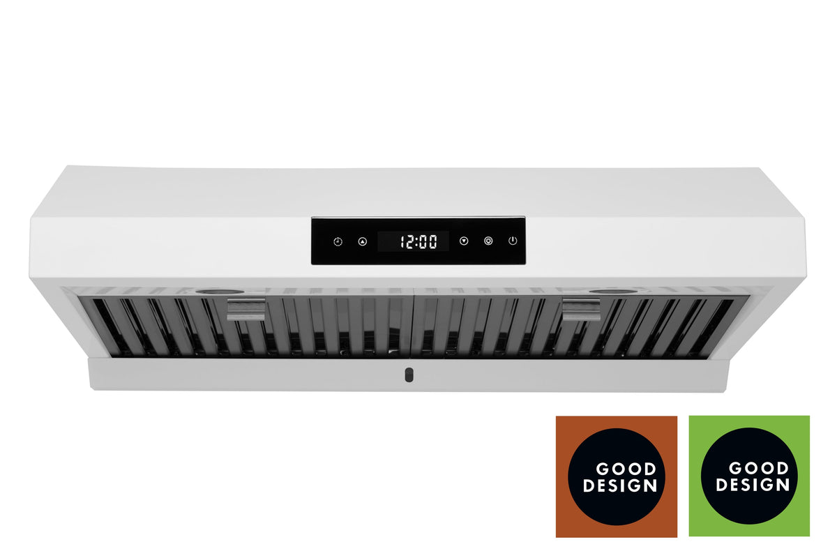 Matte white under-cabinet range hood front view with vent grille and control panel