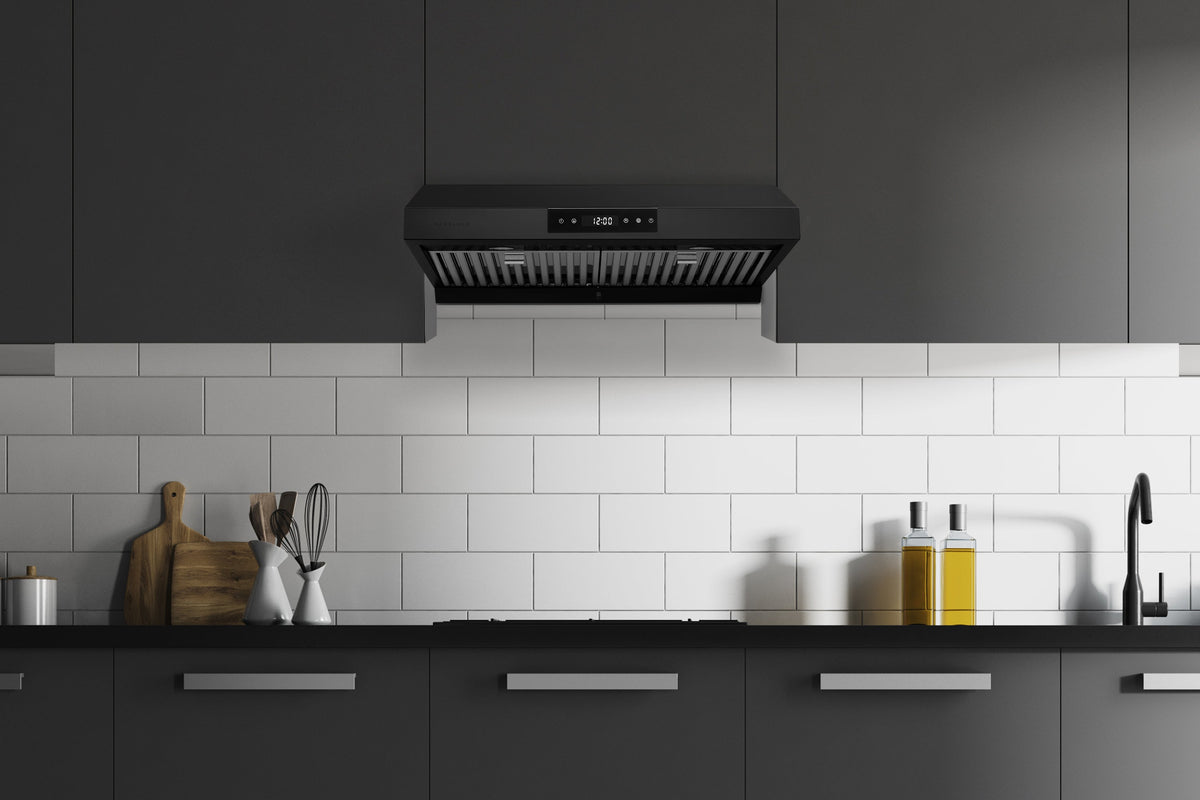 Matte black under-cabinet range hood with top control panel and vent grille.
