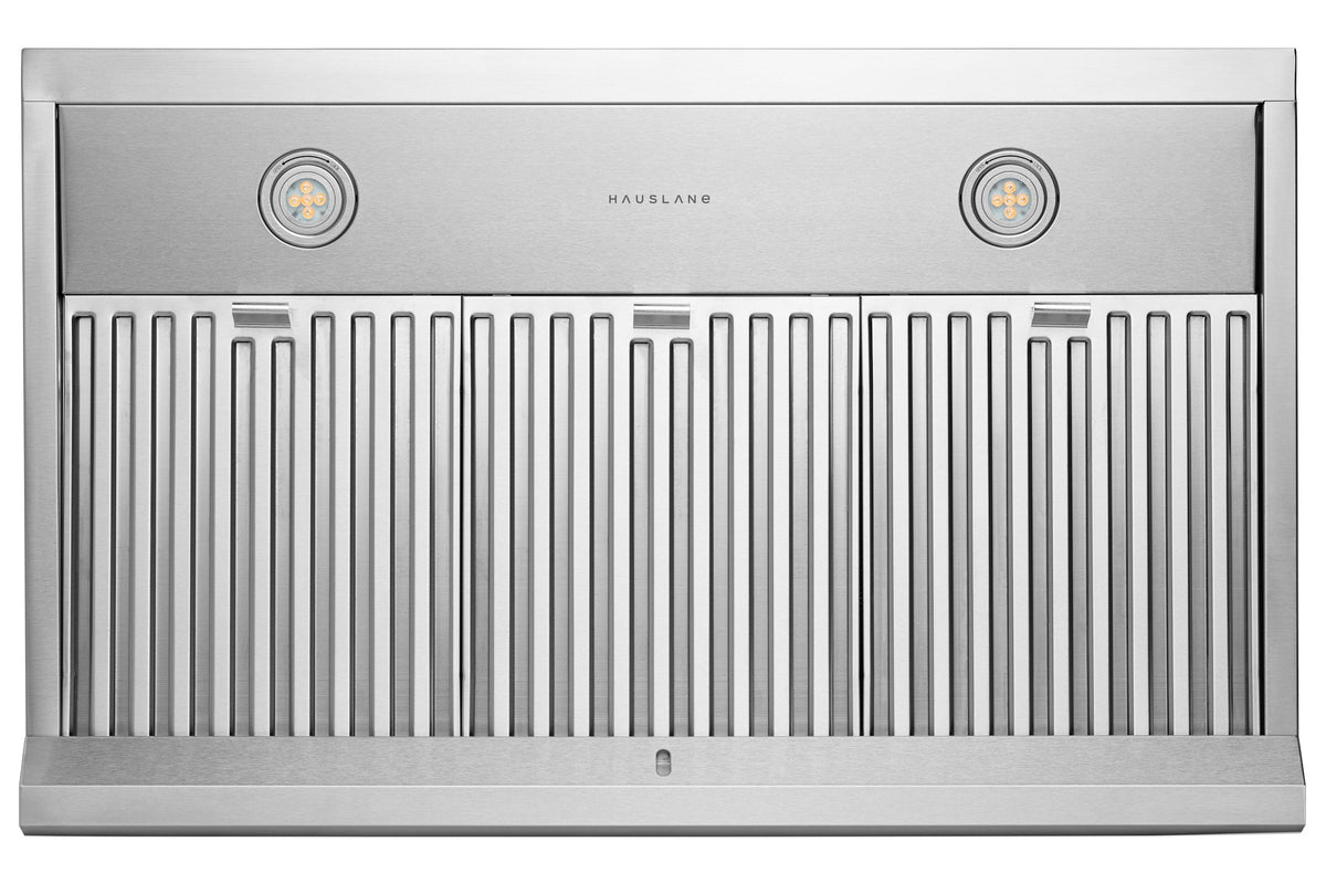 Stainless steel under-cabinet range hood with vented grille and two circular LED lights