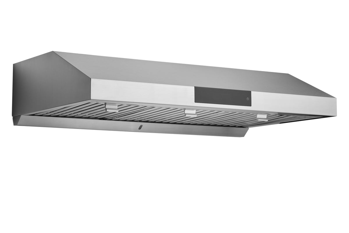 Matte black ducted range hood with underside baffle grille and front control window.